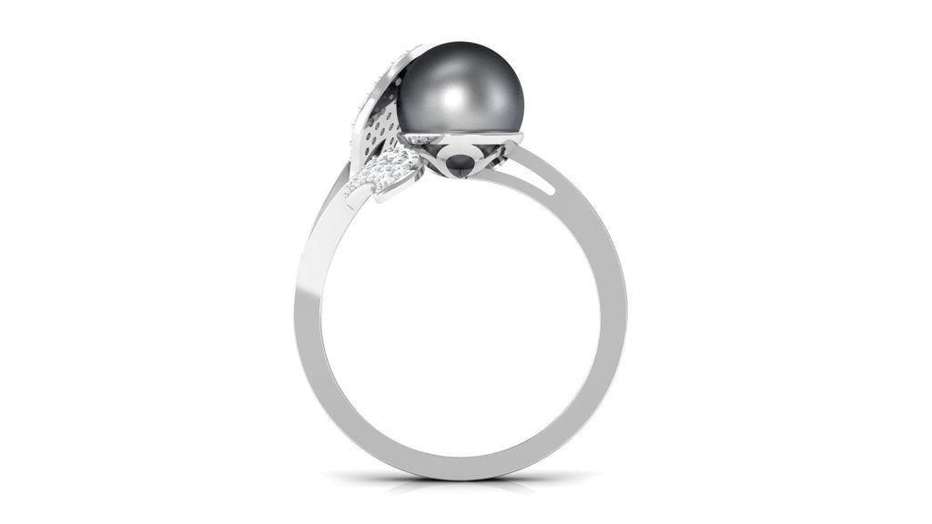 Round Tahitian Pearl and Diamond Leaf Engagement Ring