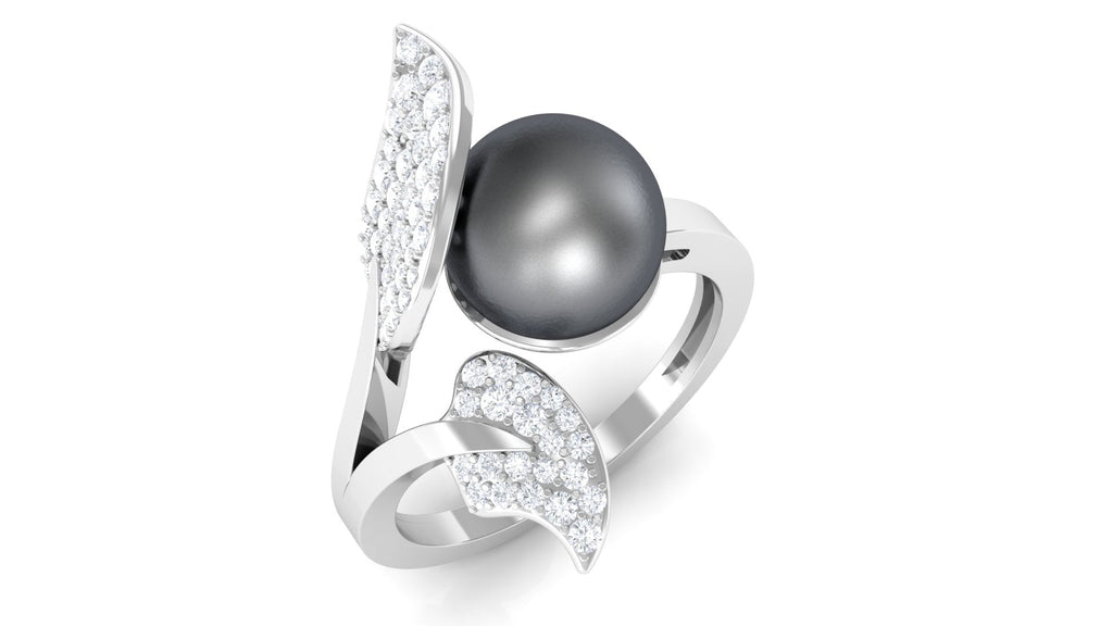 Round Tahitian Pearl and Diamond Leaf Engagement Ring