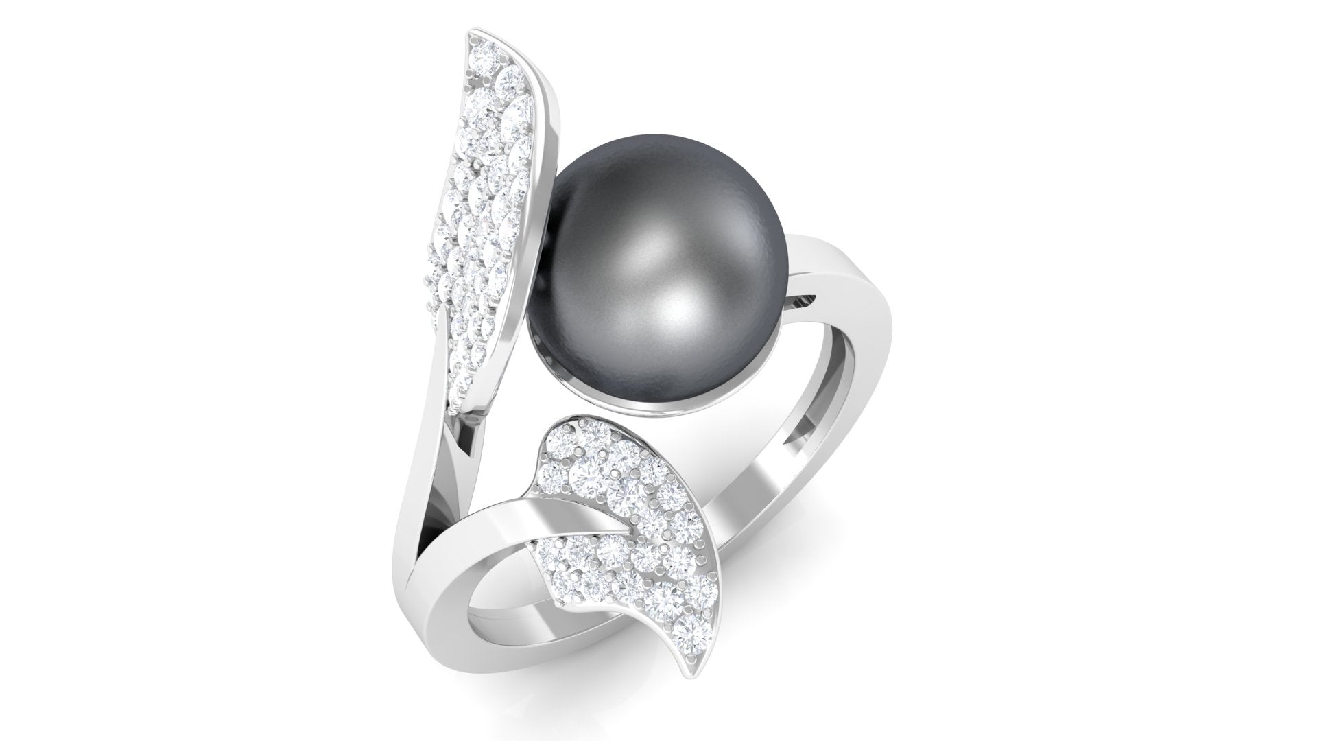 Round Tahitian Pearl and Diamond Leaf Engagement Ring