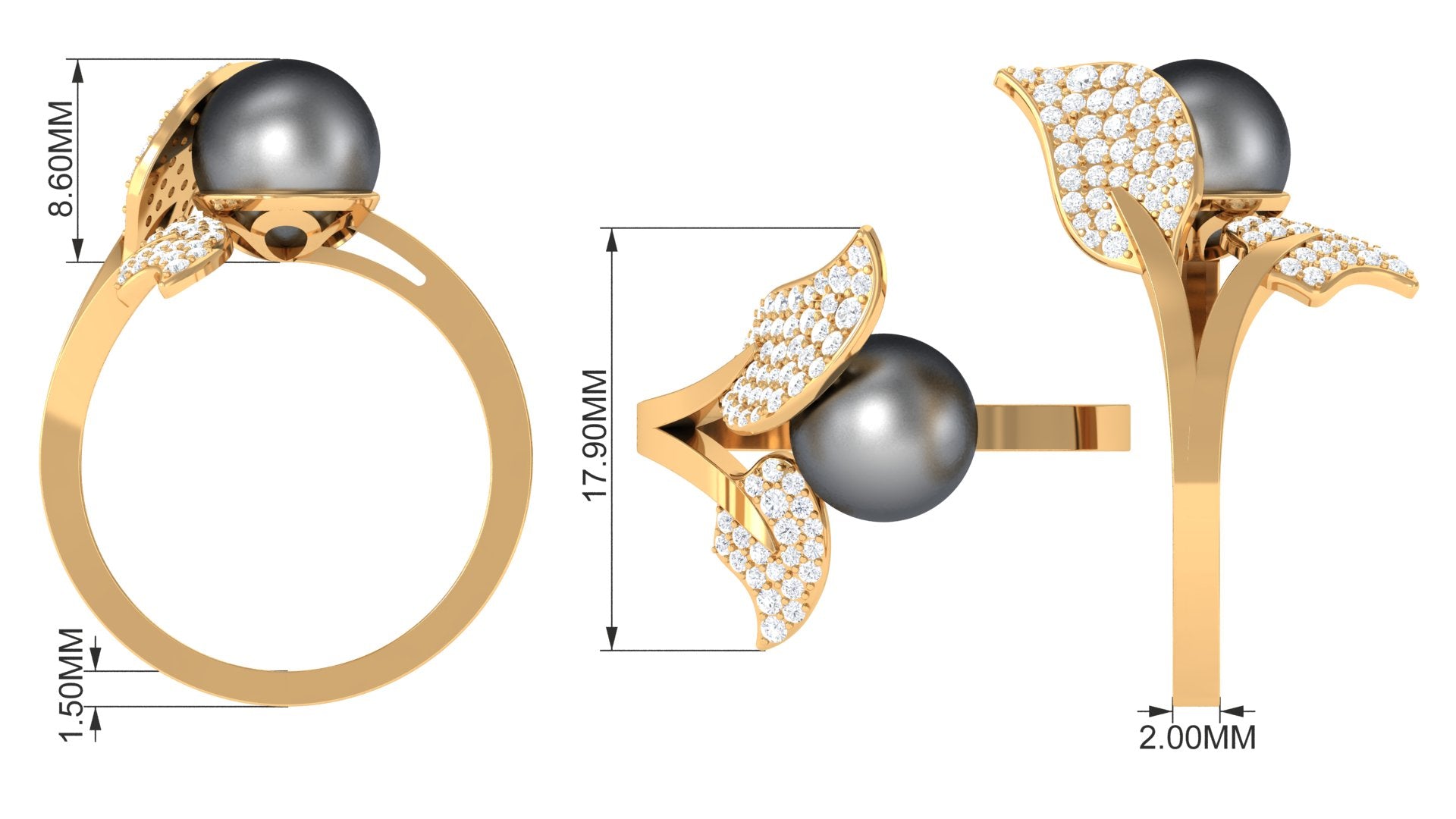 Round Tahitian Pearl and Diamond Leaf Engagement Ring