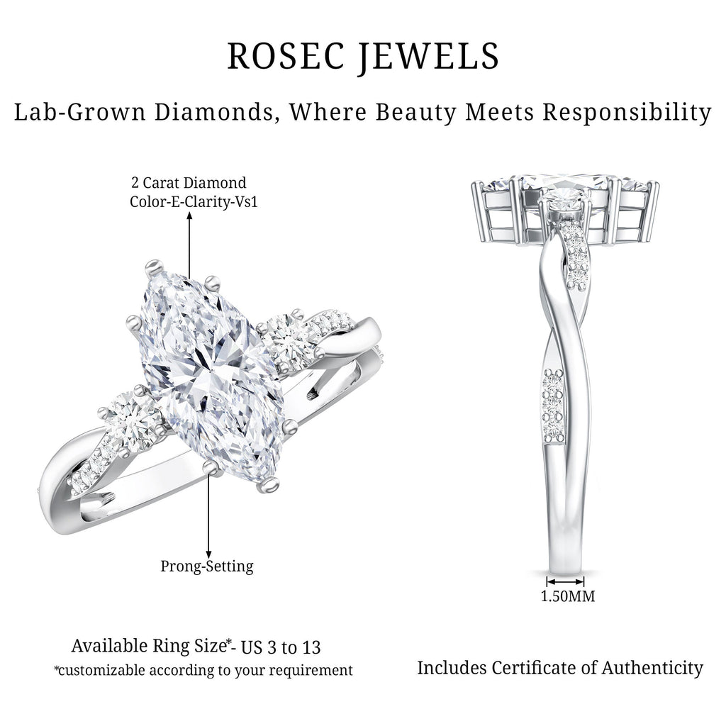2 Carat Marquise Cut Lab Grown Diamond Crossover Engagement Ring with IGI Certificate