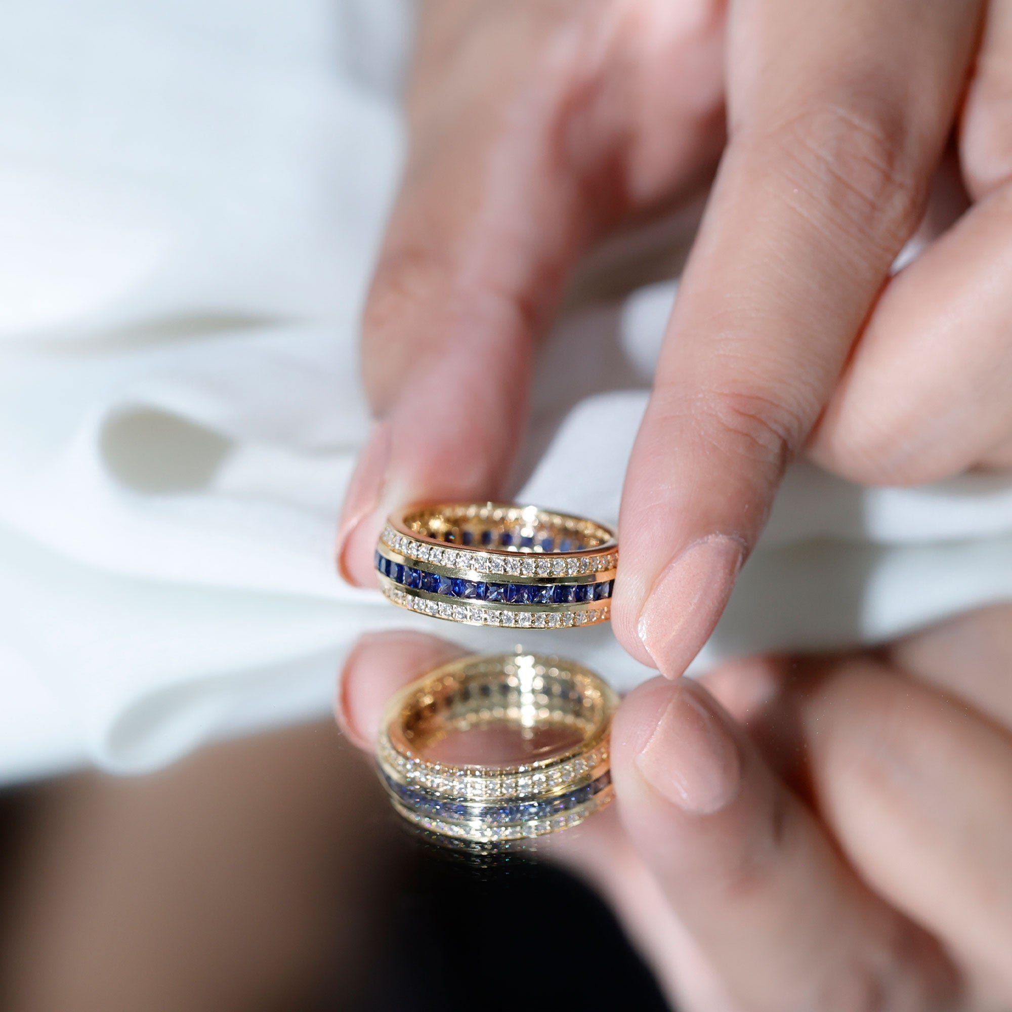 Certified Lab Grown Blue Sapphire 3 Row Wedding Band
