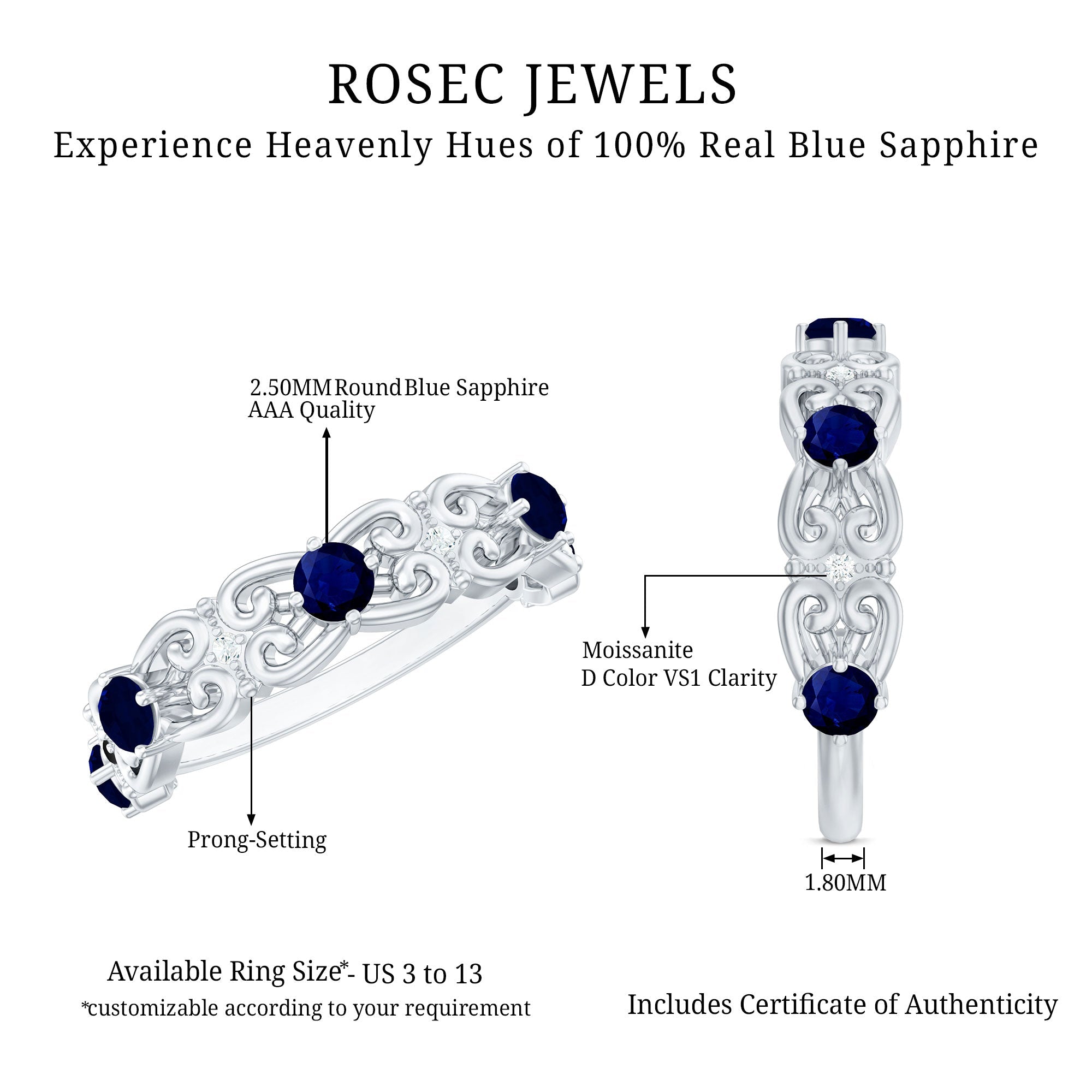 Blue Sapphire and Diamond Vintage Half Eternity Wedding Band