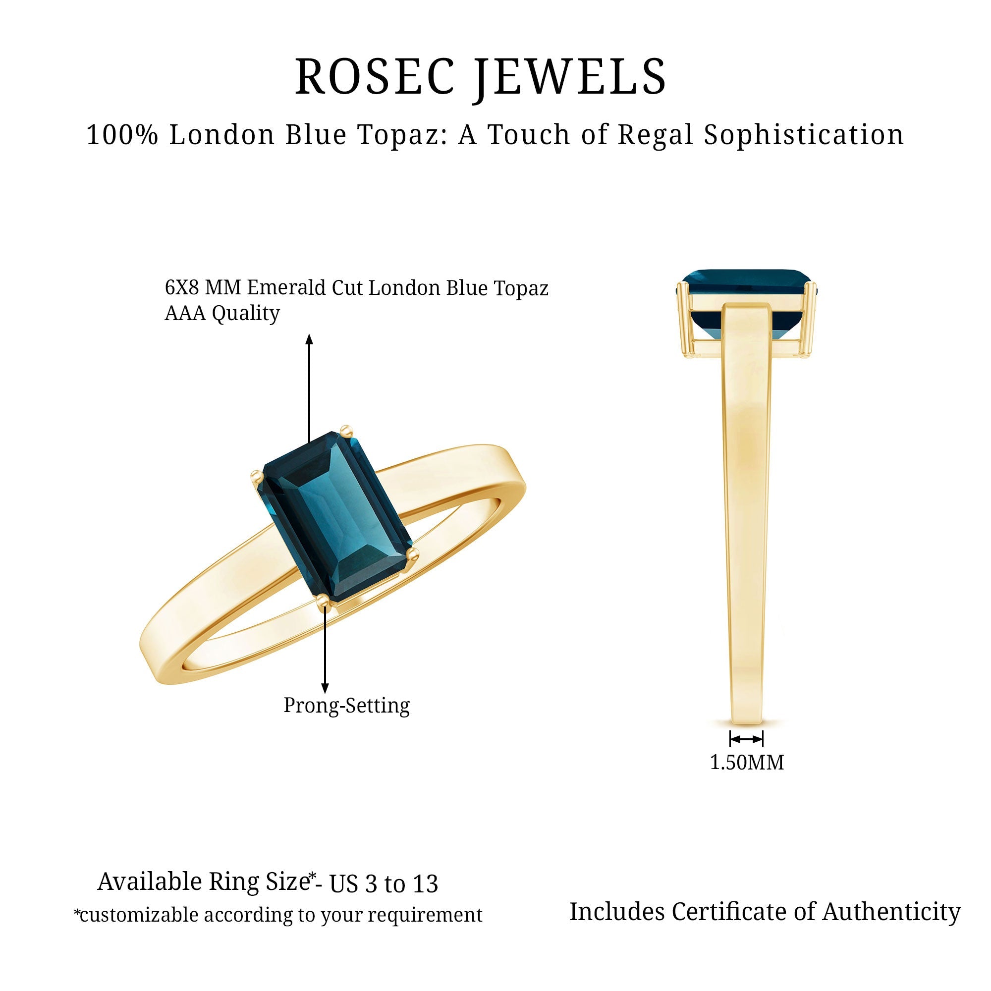 2.2 Carat Emerald Cut London Blue Topaz Solitaire Ring with Certificate