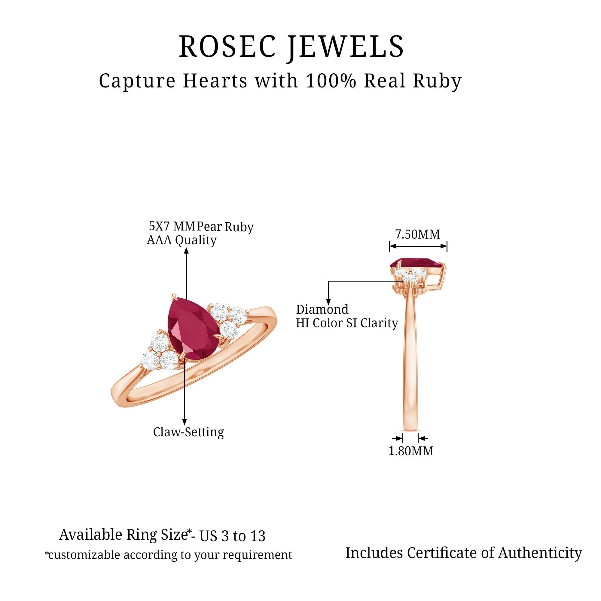 Natural 0.8 Carat Ruby Pear Shaped Engagement Ring with Diamond