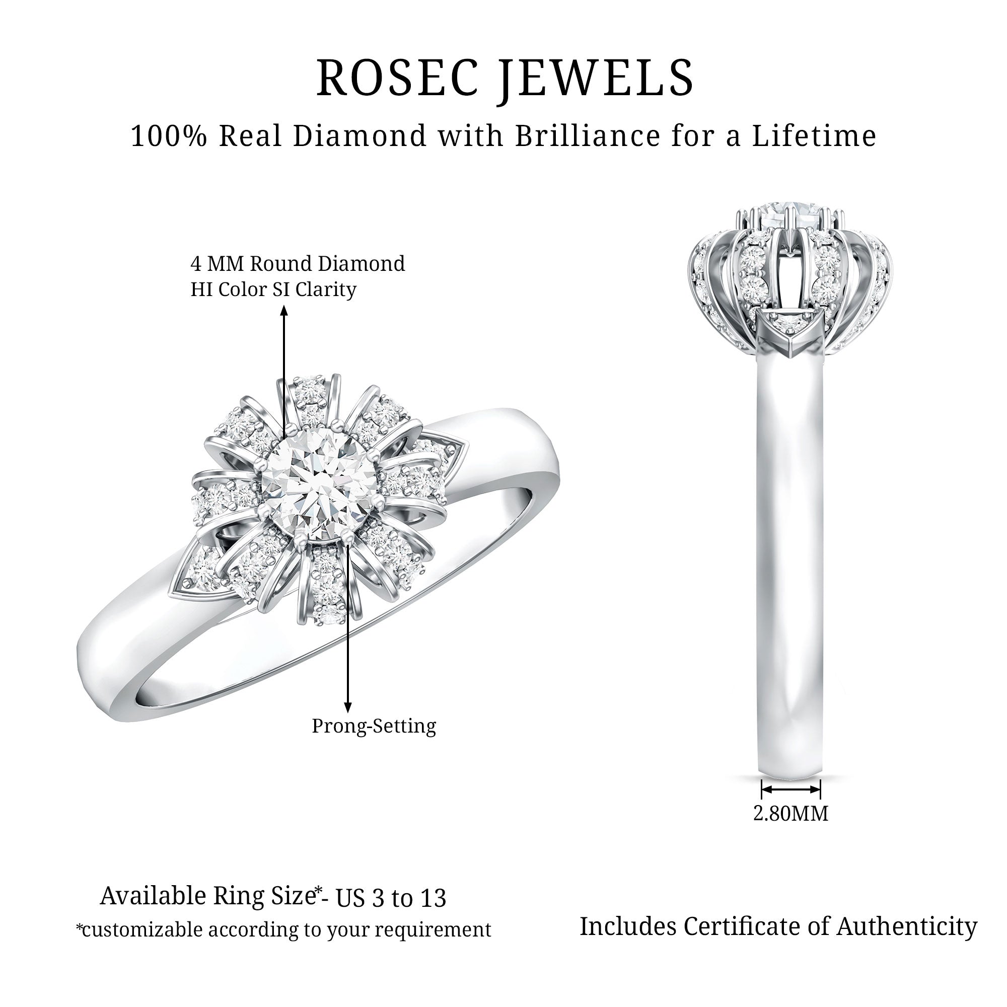 Certified Real Diamond Flower Engagement Ring for Women
