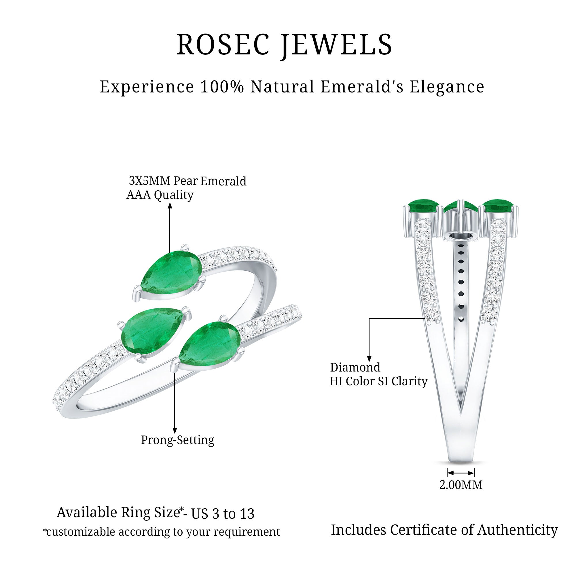 Pear Shaped Emerald and Diamond 3 Stone Statement Ring