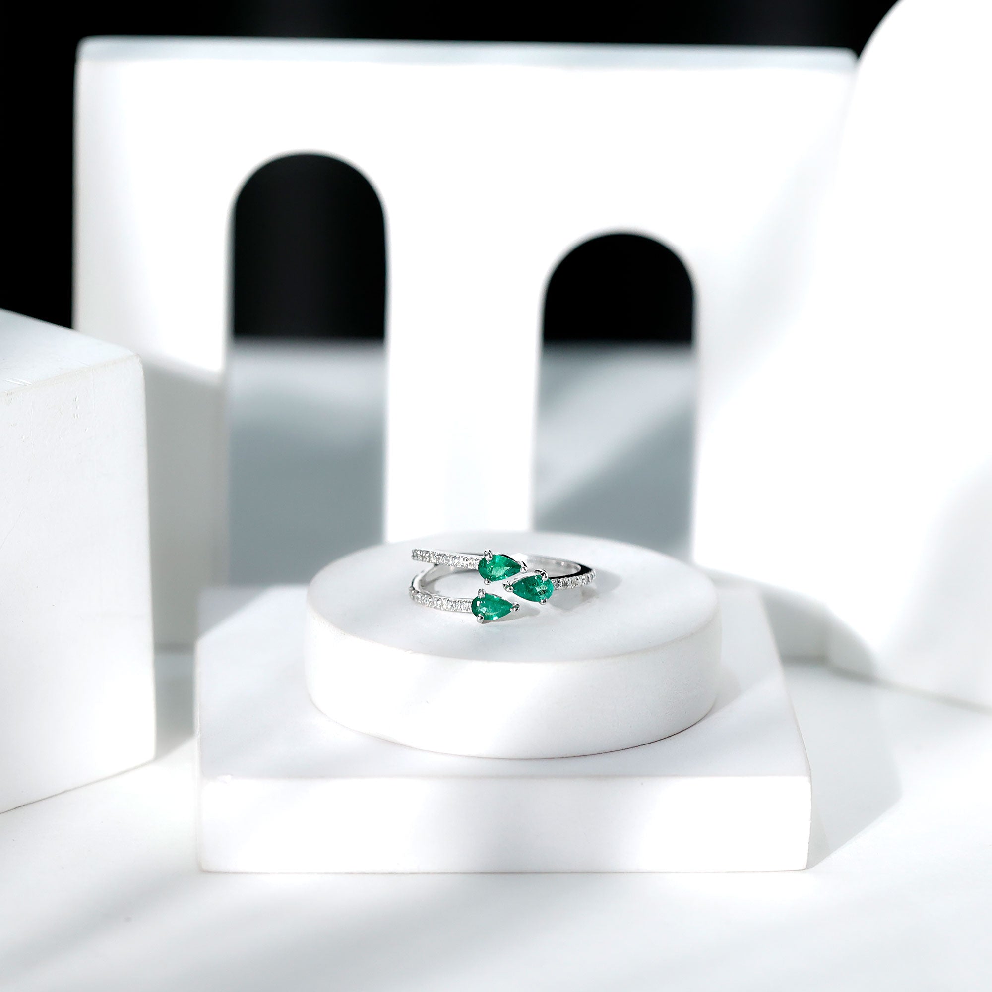 Pear Shaped Emerald and Diamond 3 Stone Statement Ring