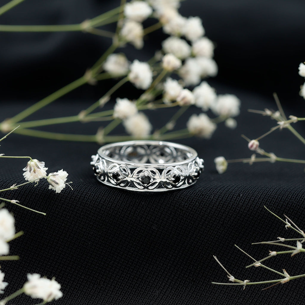 Vintage Inspired Black Spinel Celtic Knot Eternity Band Ring