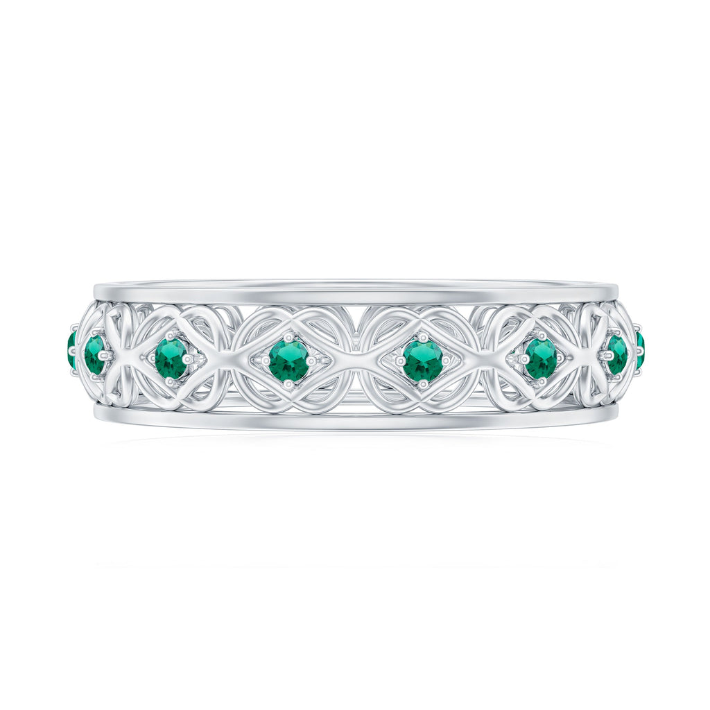 Vintage Inspired Lab Grown Emerald Celtic Wedding Band
