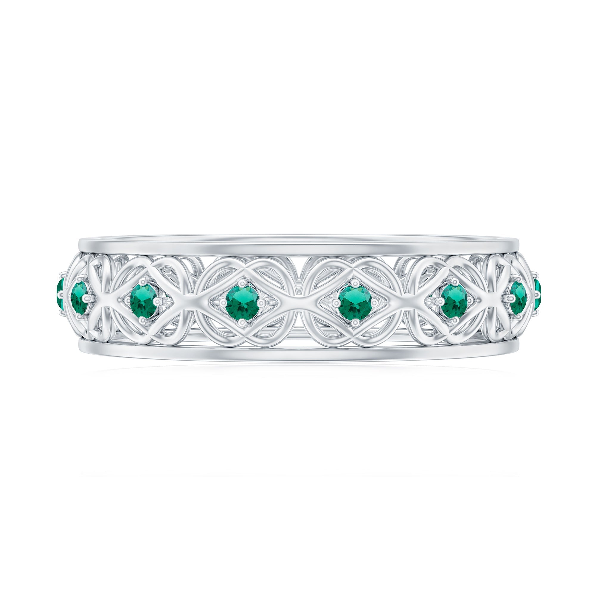 Vintage Inspired Lab Grown Emerald Celtic Wedding Band
