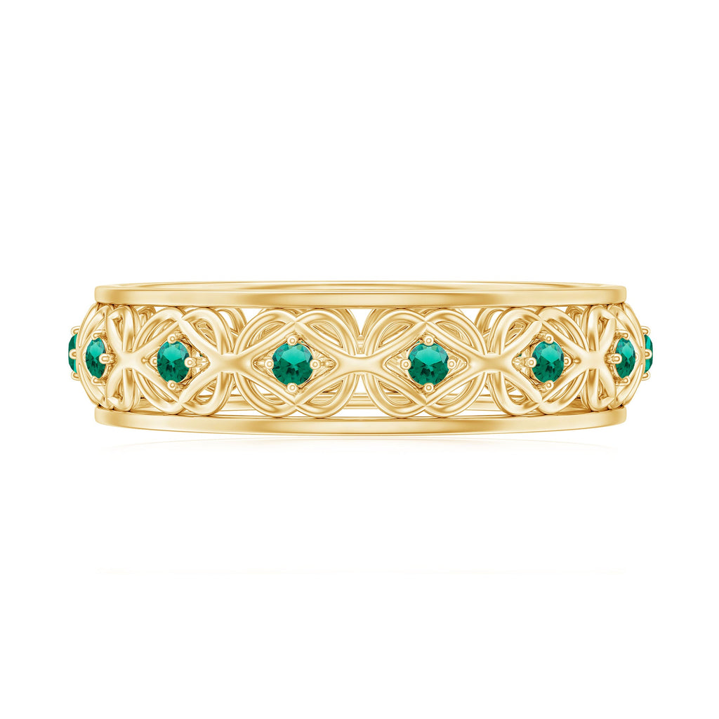 Vintage Inspired Lab Grown Emerald Celtic Wedding Band