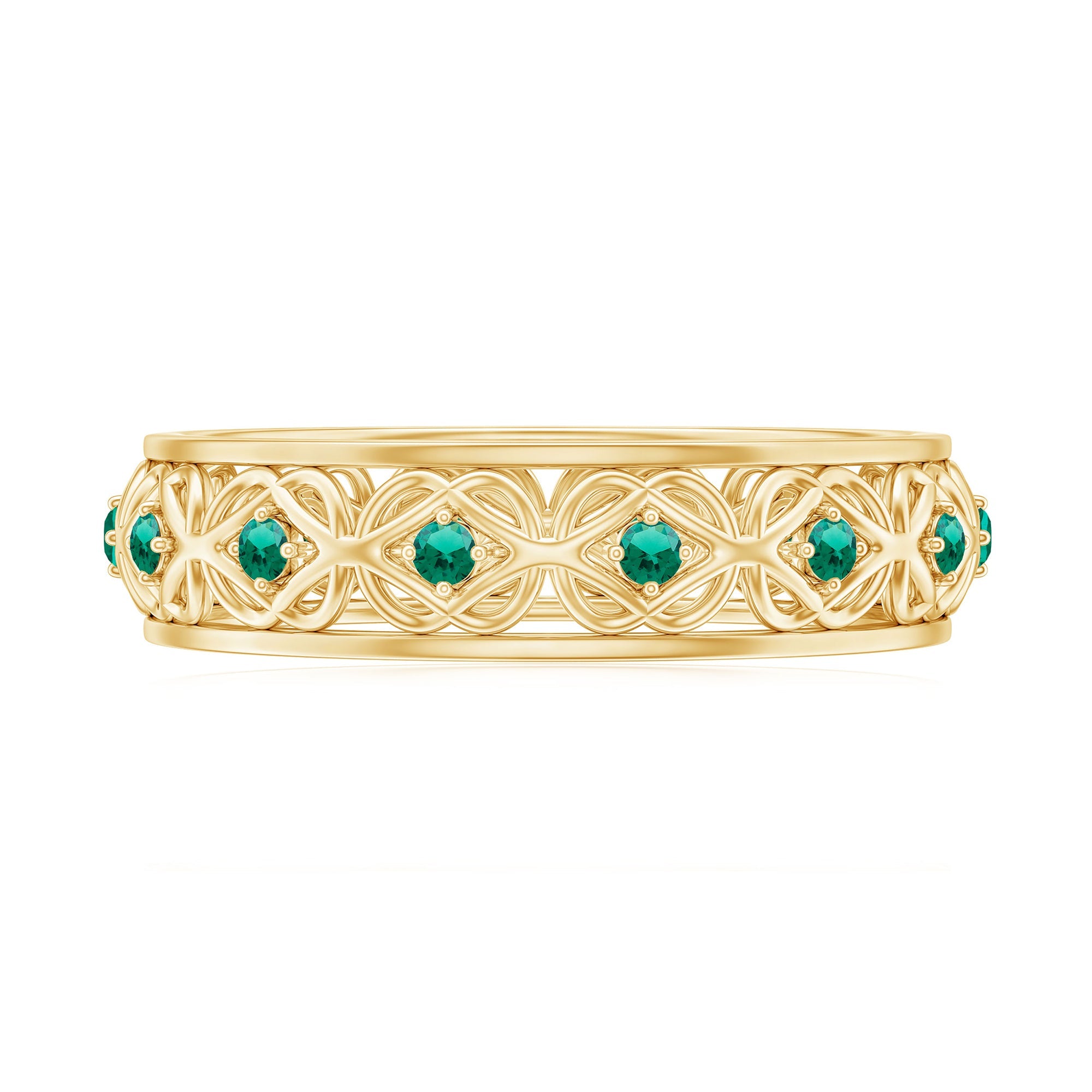 Vintage Inspired Lab Grown Emerald Celtic Wedding Band