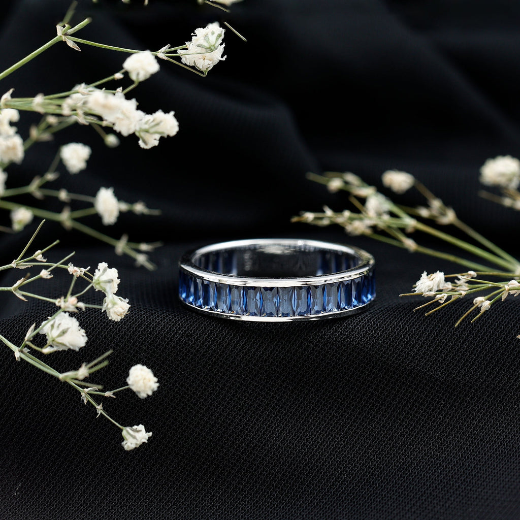 Baguette Shape Lab Created Blue Sapphire Channel Set Eternity Band