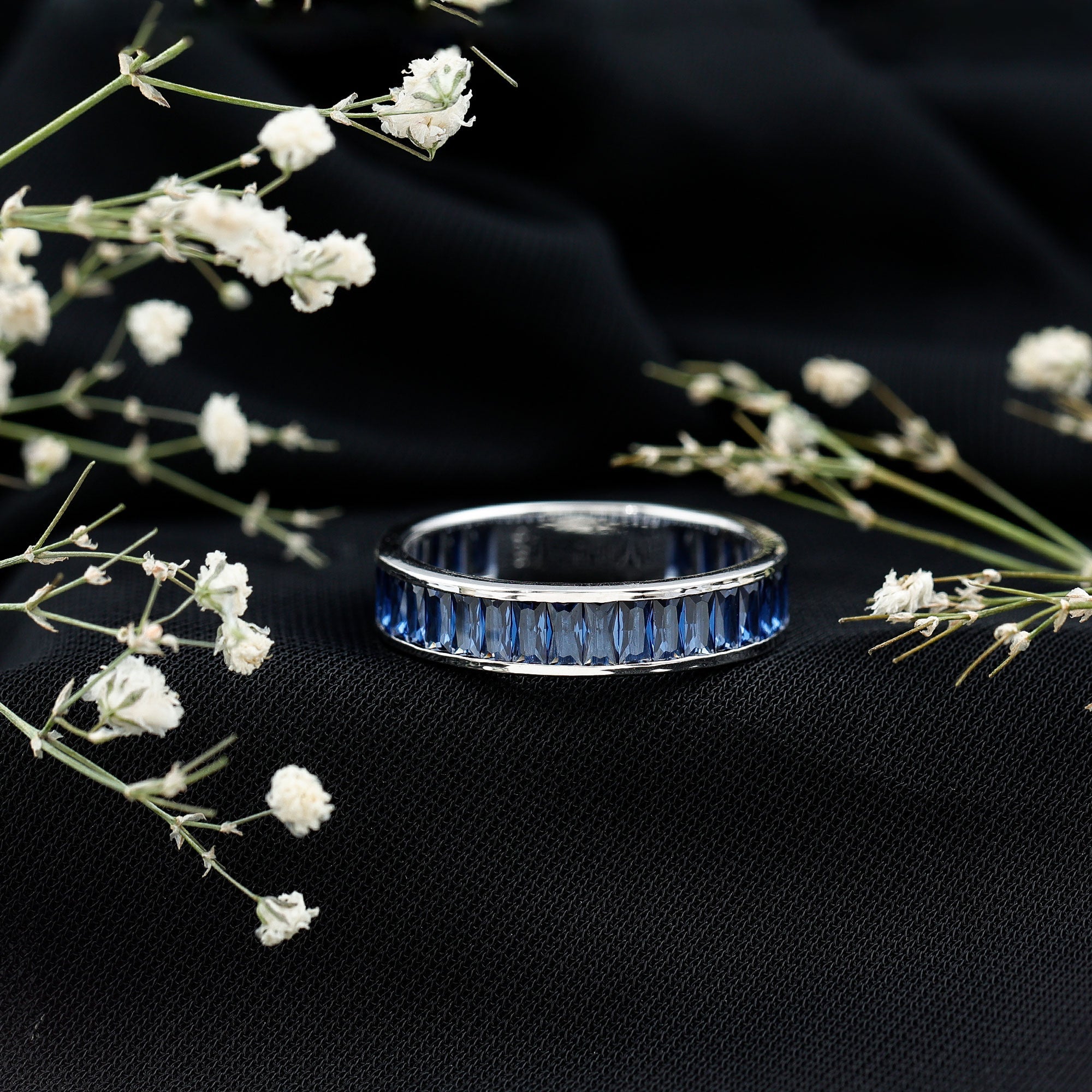 Baguette Shape Lab Created Blue Sapphire Channel Set Eternity Band