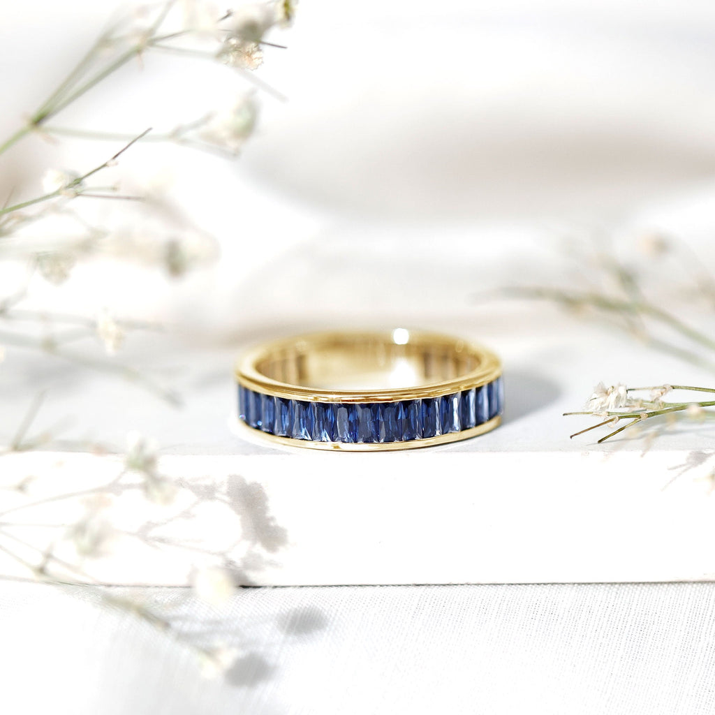 Baguette Shape Lab Created Blue Sapphire Channel Set Eternity Band