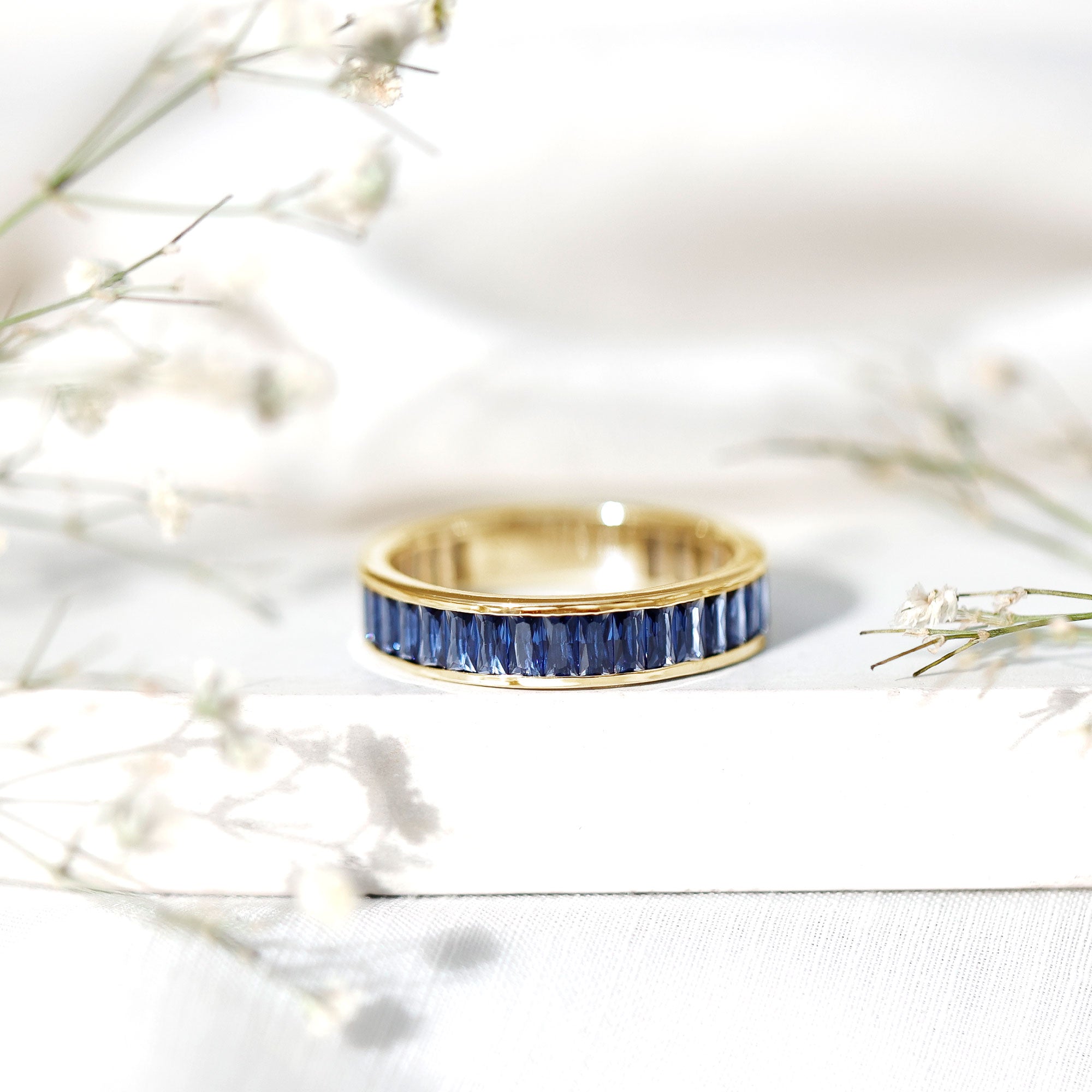 Baguette Shape Lab Created Blue Sapphire Channel Set Eternity Band