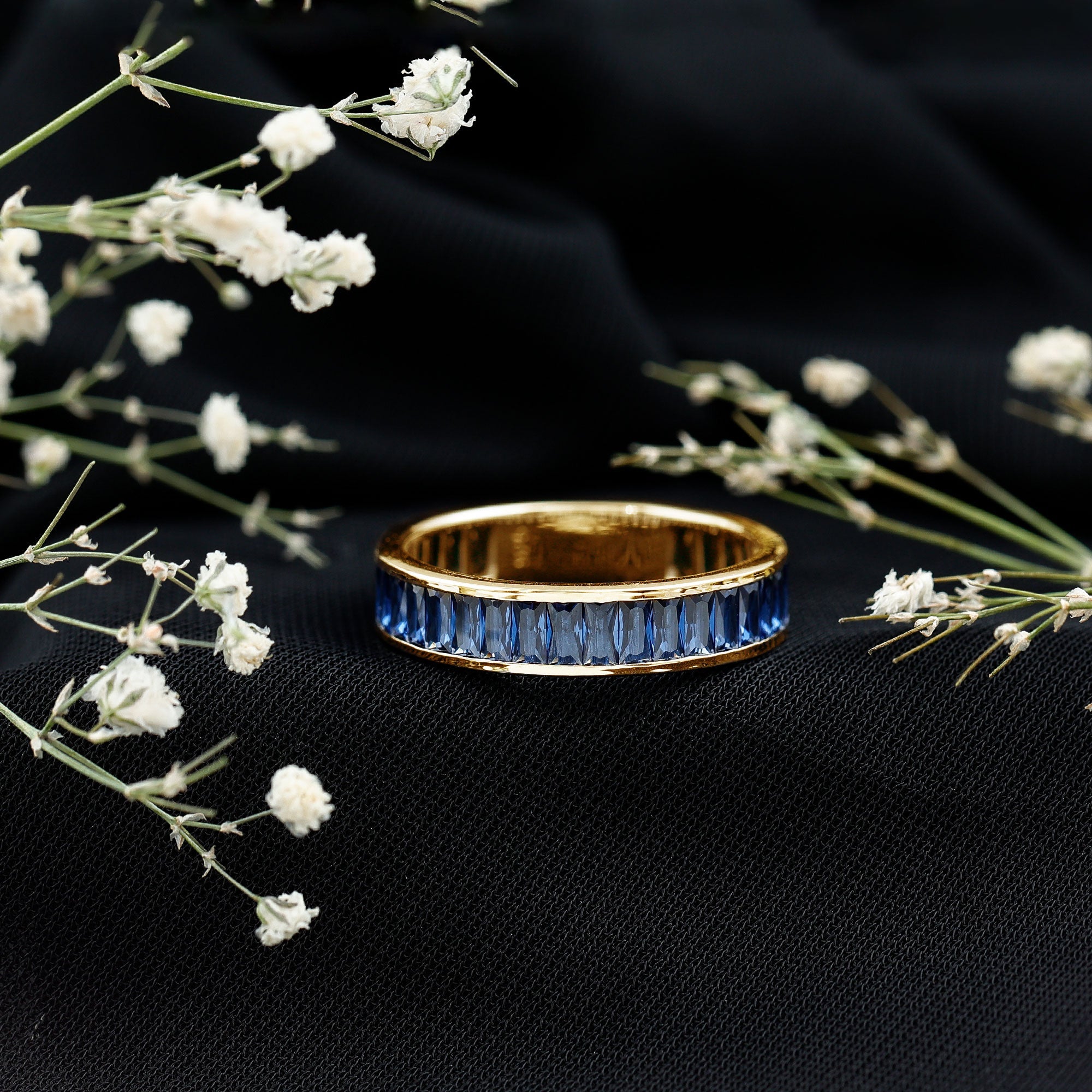 Baguette Shape Lab Created Blue Sapphire Channel Set Eternity Band