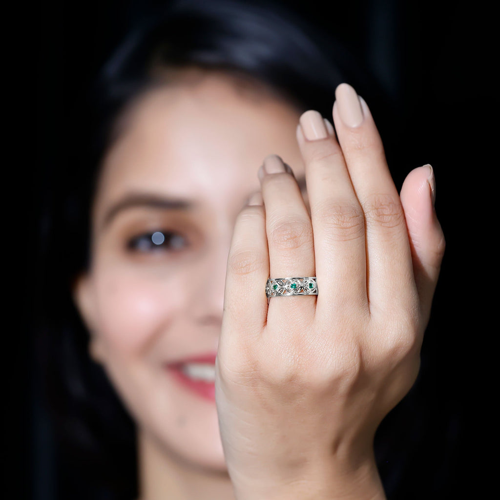 Vintage Looking Lab Grown Emerald Wedding Band for Women