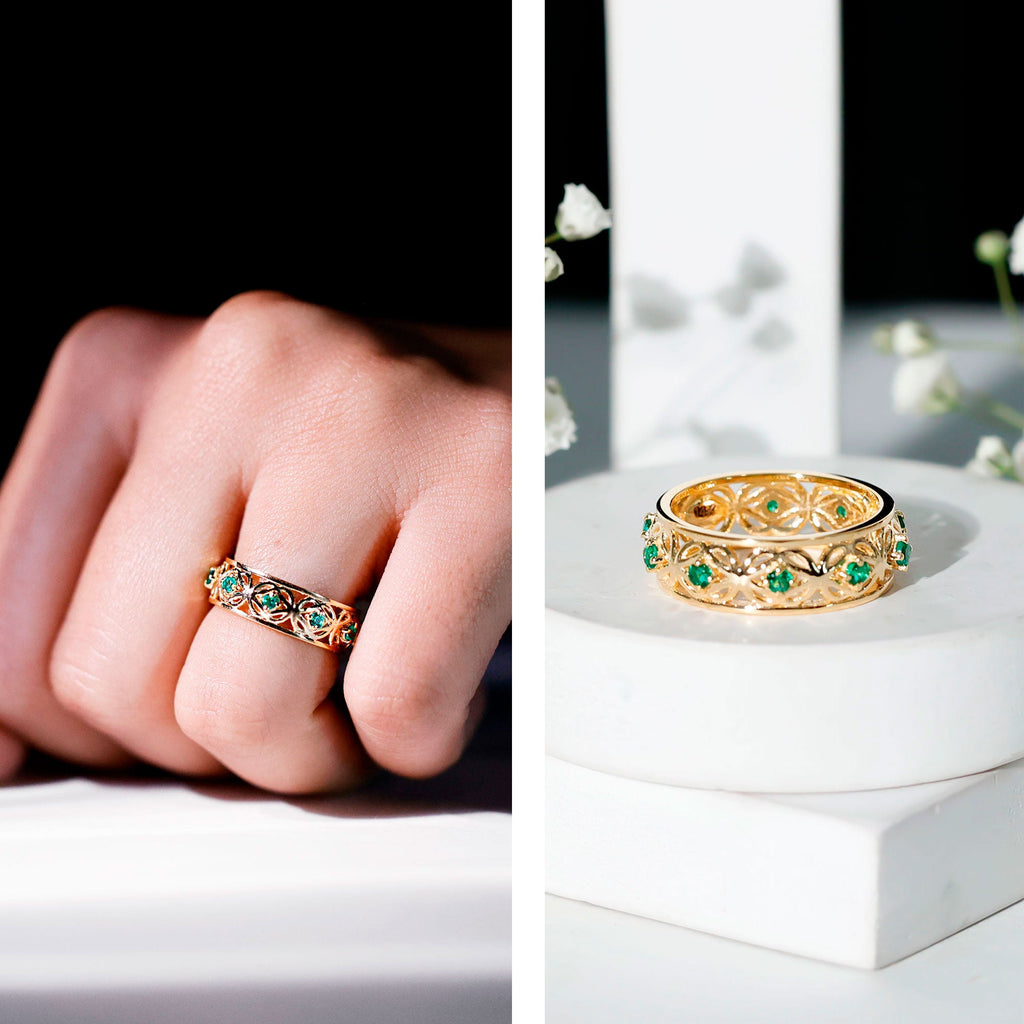 Vintage Looking Lab Grown Emerald Wedding Band for Women