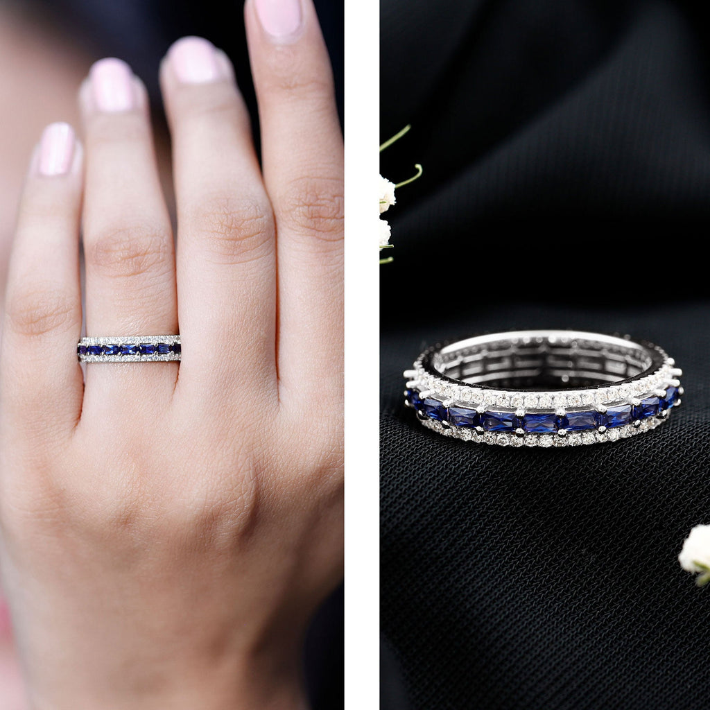 Lab Grown Blue Sapphire Eternity Wedding Band With Natural Diamond
