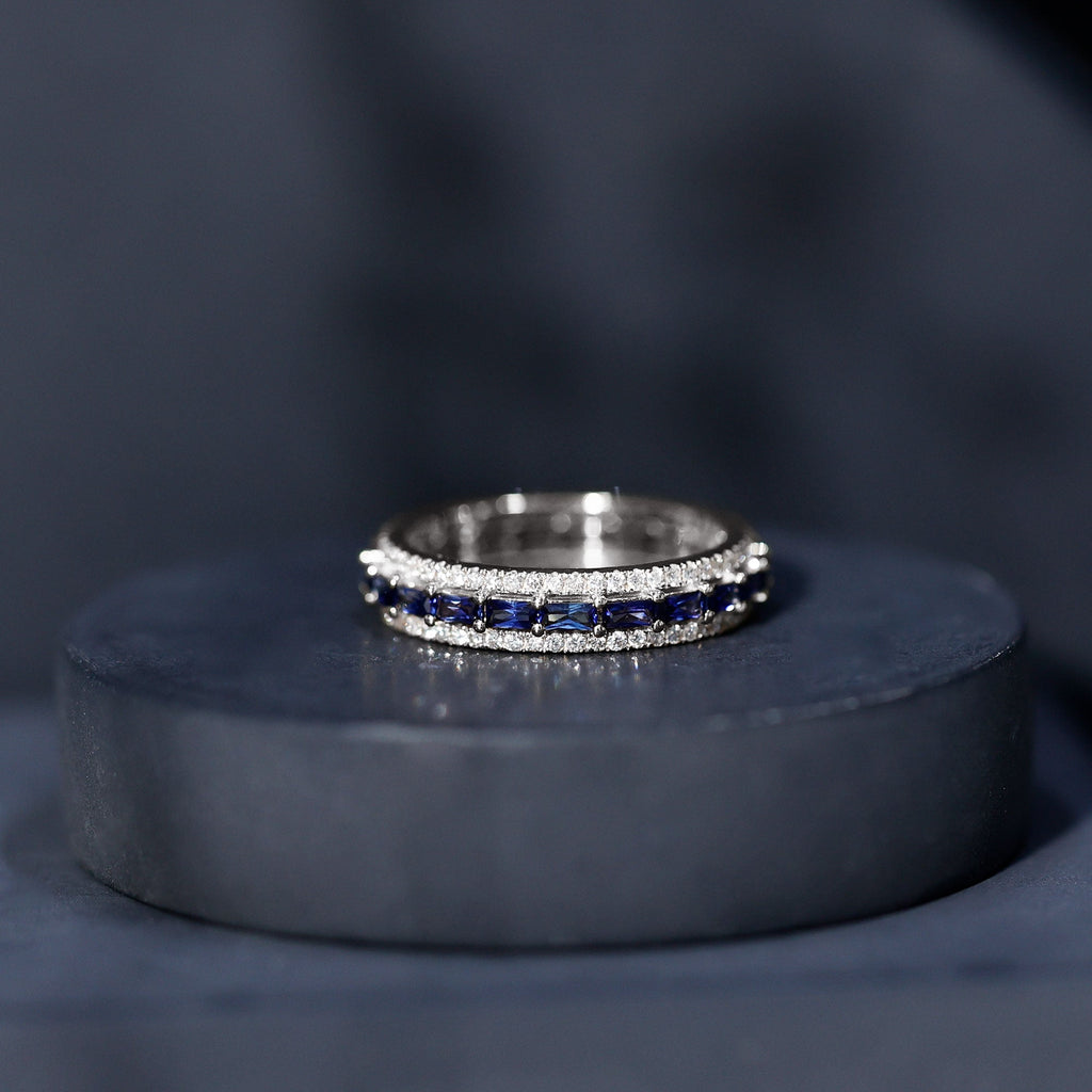 Lab Grown Blue Sapphire Eternity Wedding Band With Natural Diamond
