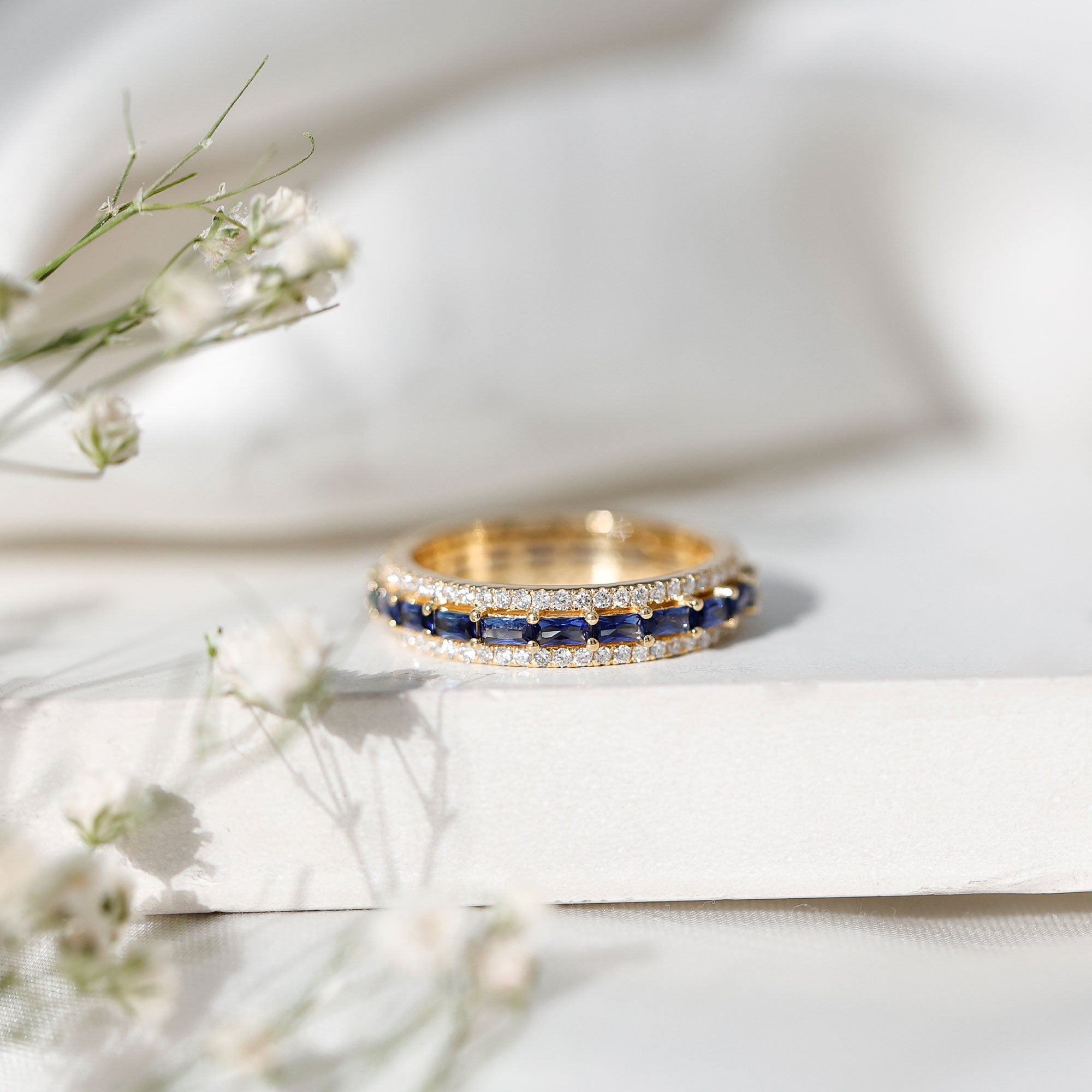 Lab Grown Blue Sapphire Eternity Wedding Band With Natural Diamond
