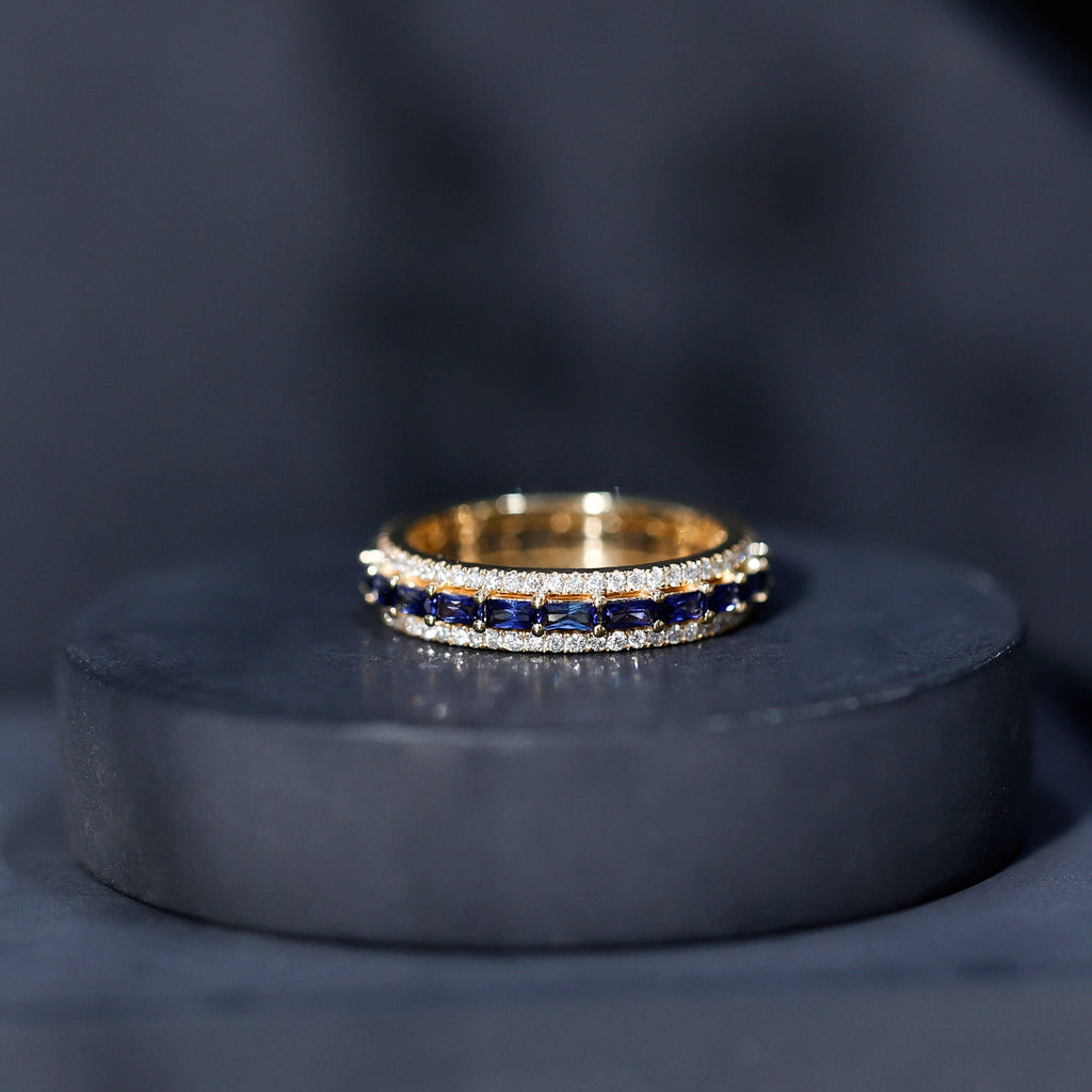Lab Grown Blue Sapphire Eternity Wedding Band With Natural Diamond
