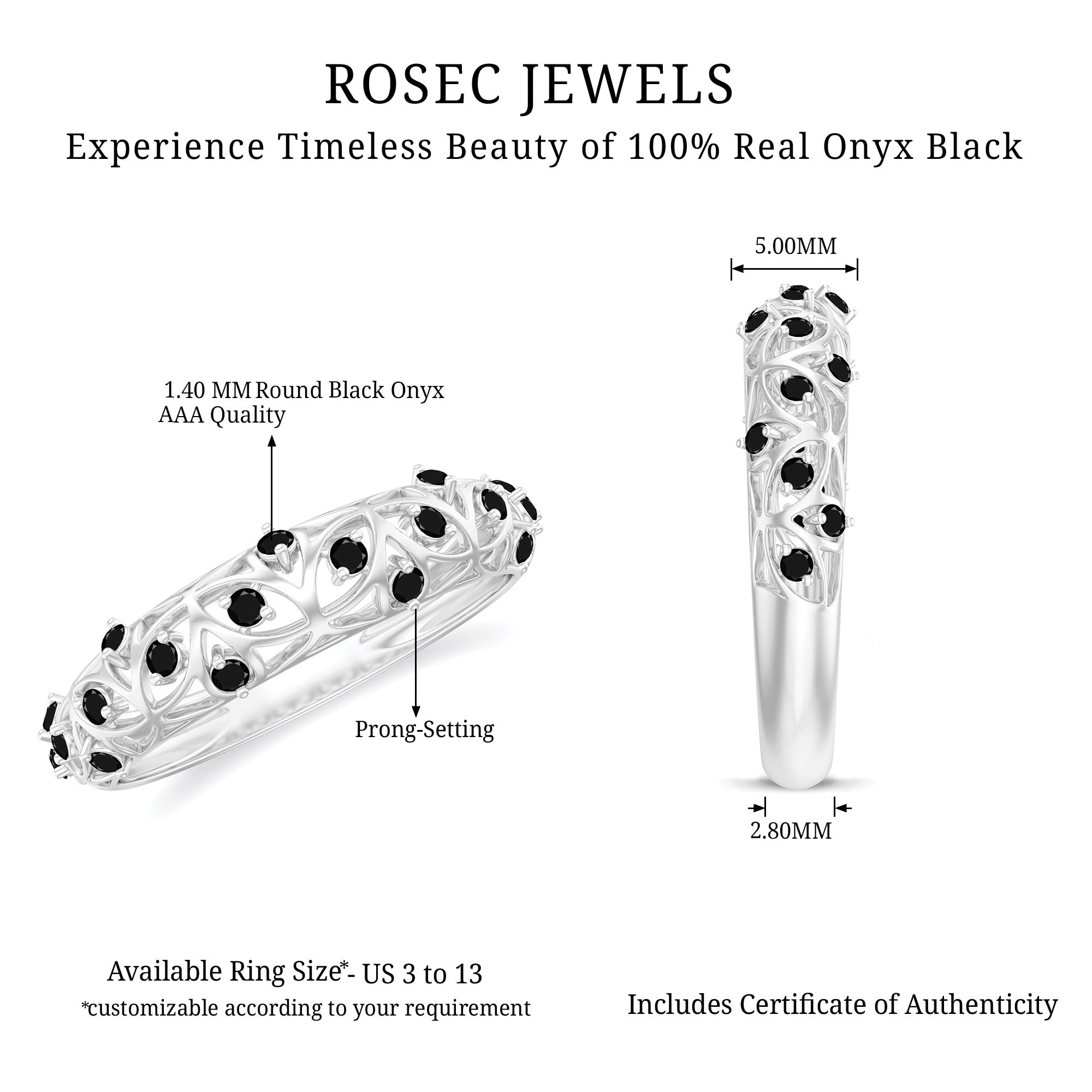 Round Cut Certified Black Onyx Filigree Wedding Band
