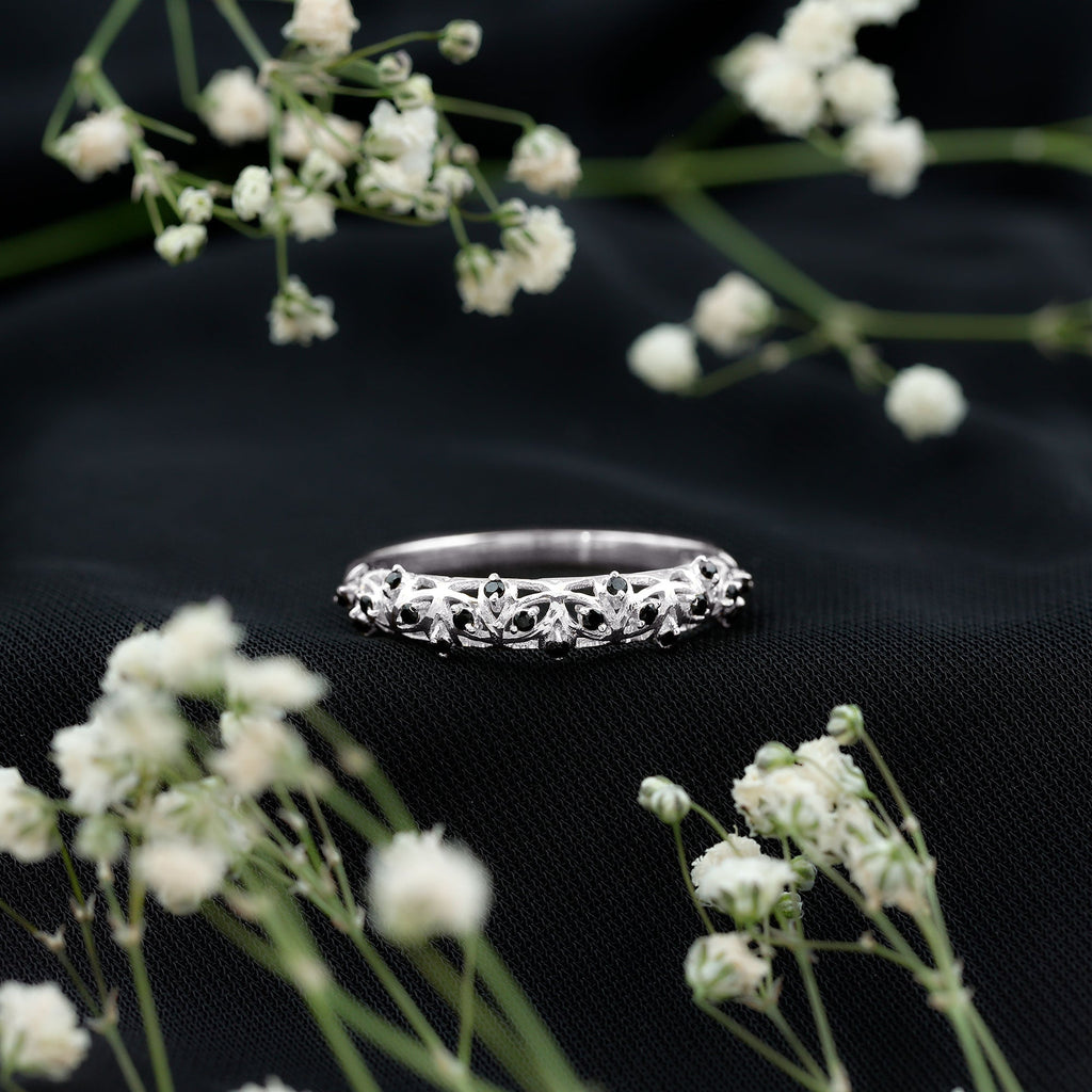 Round Cut Certified Black Onyx Filigree Wedding Band