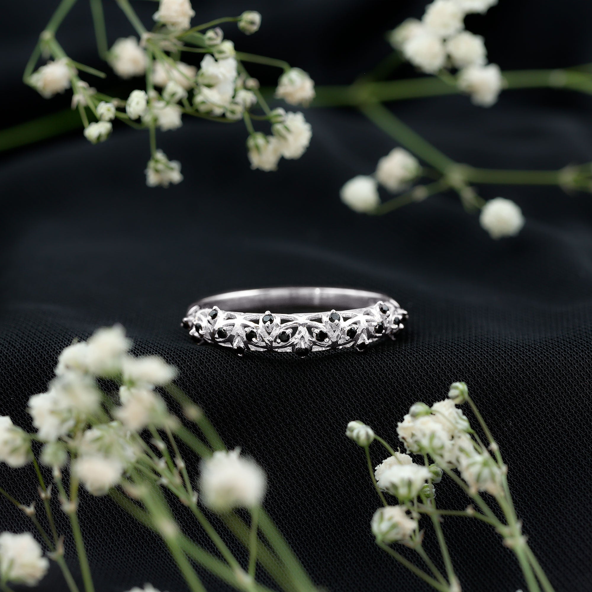 Round Cut Certified Black Onyx Filigree Wedding Band