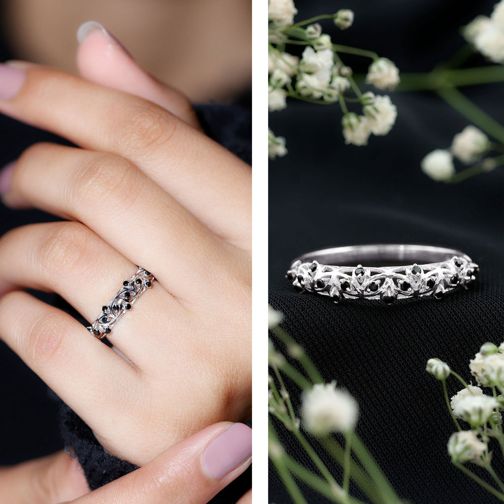 Round Cut Certified Black Onyx Filigree Wedding Band