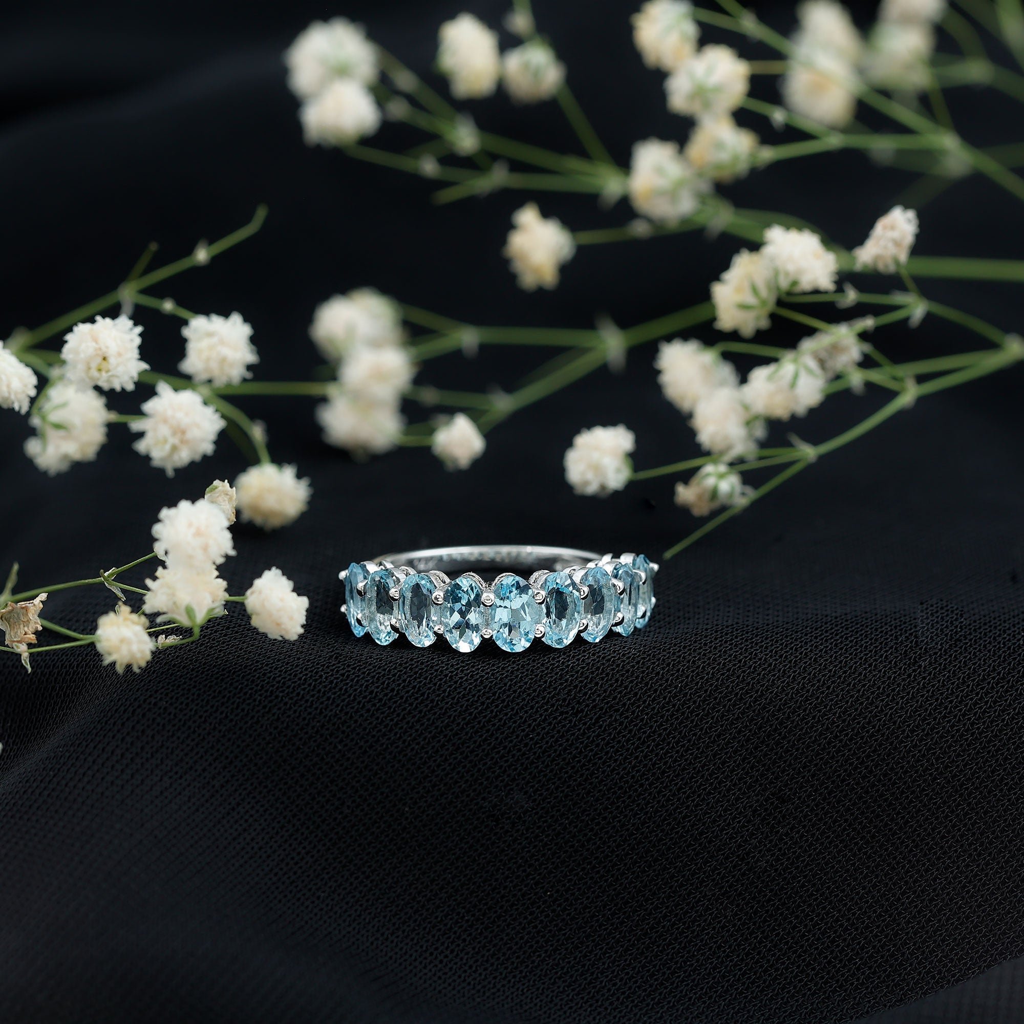 Genuine Oval Cut Aquamarine Half Eternity Ring for Women