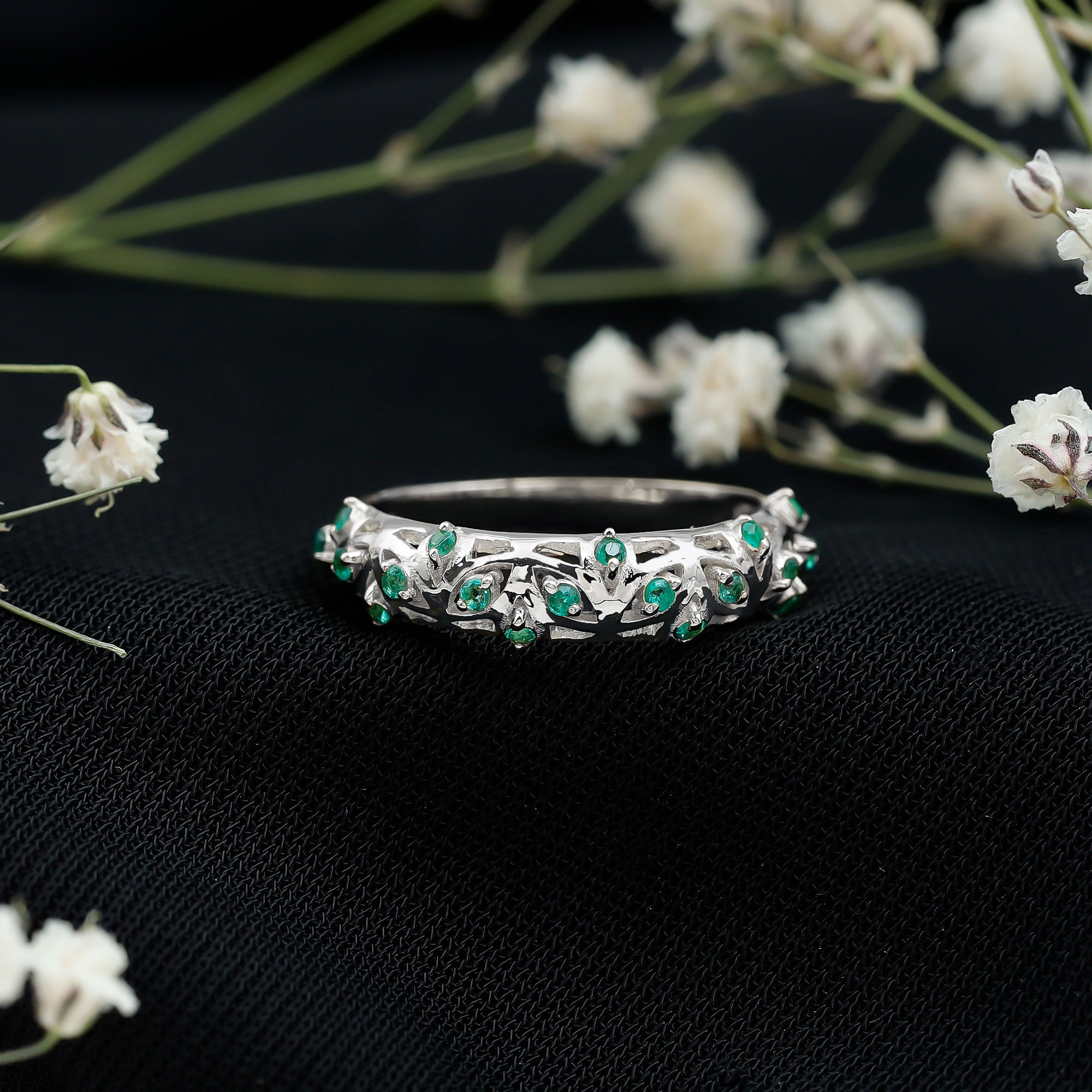 Natural Emerald Filigree Wedding Band for Women