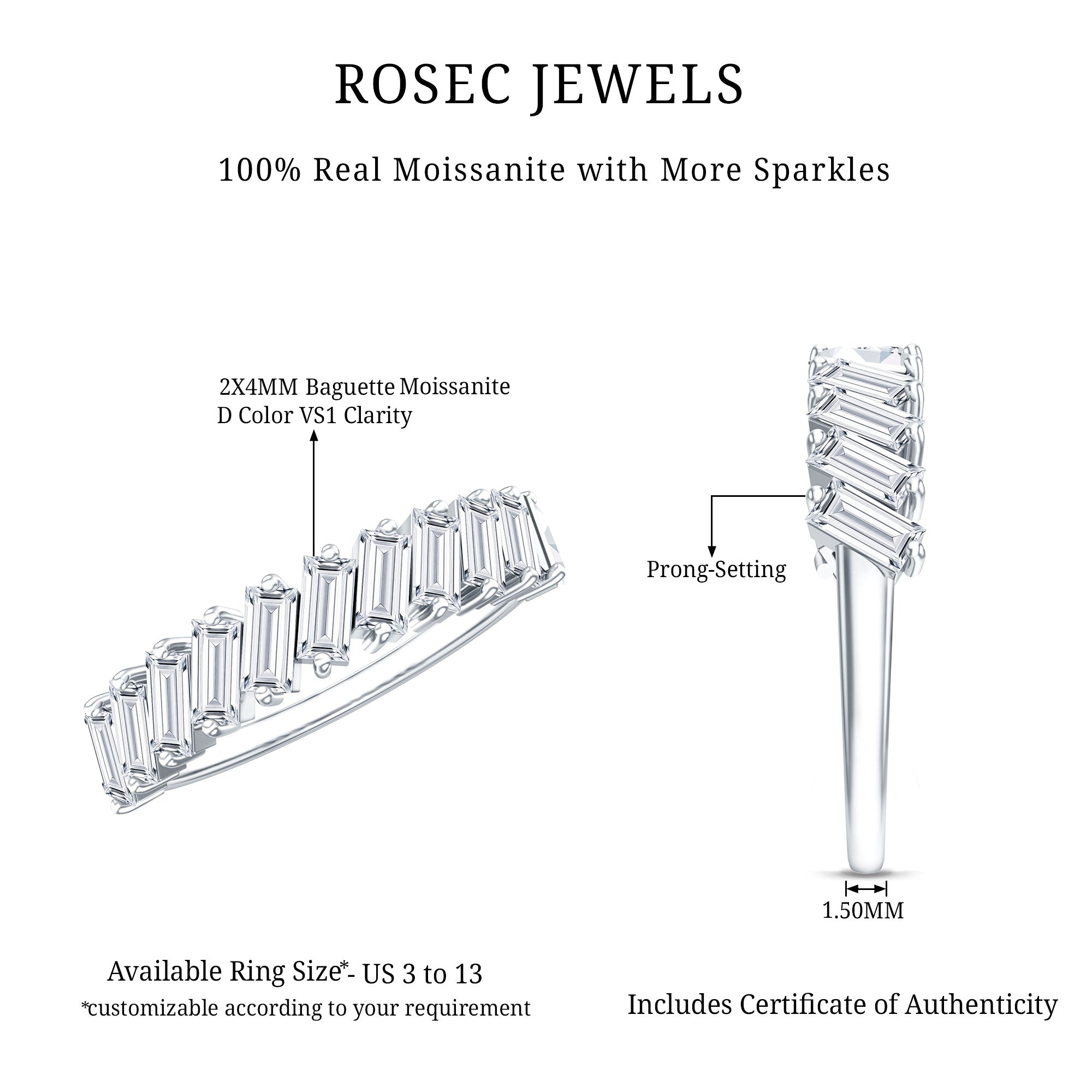 Certified Moissanite Baguette Cut Half Eternity Ring