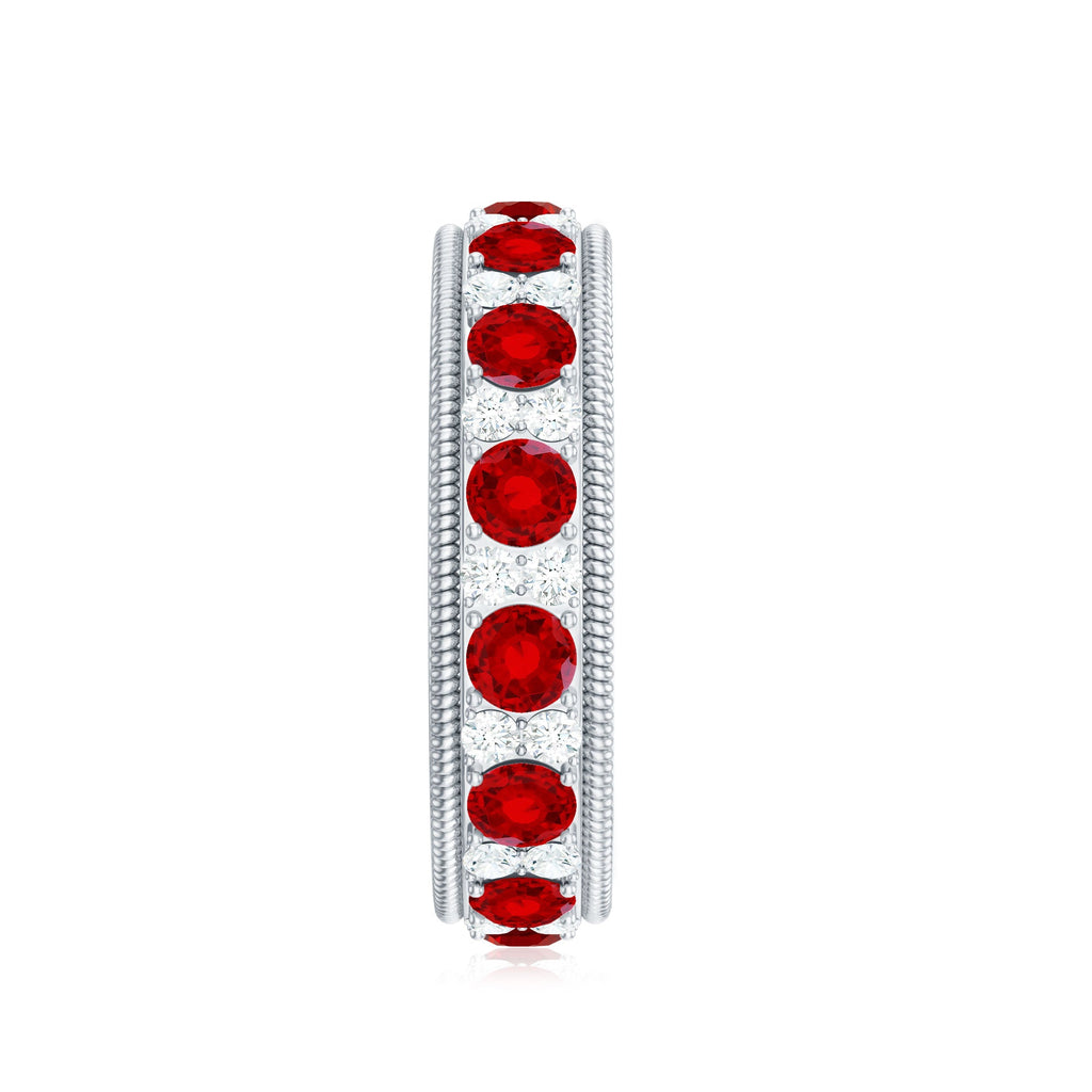 Round Cut Lab Created Ruby and Diamond Wedding Band