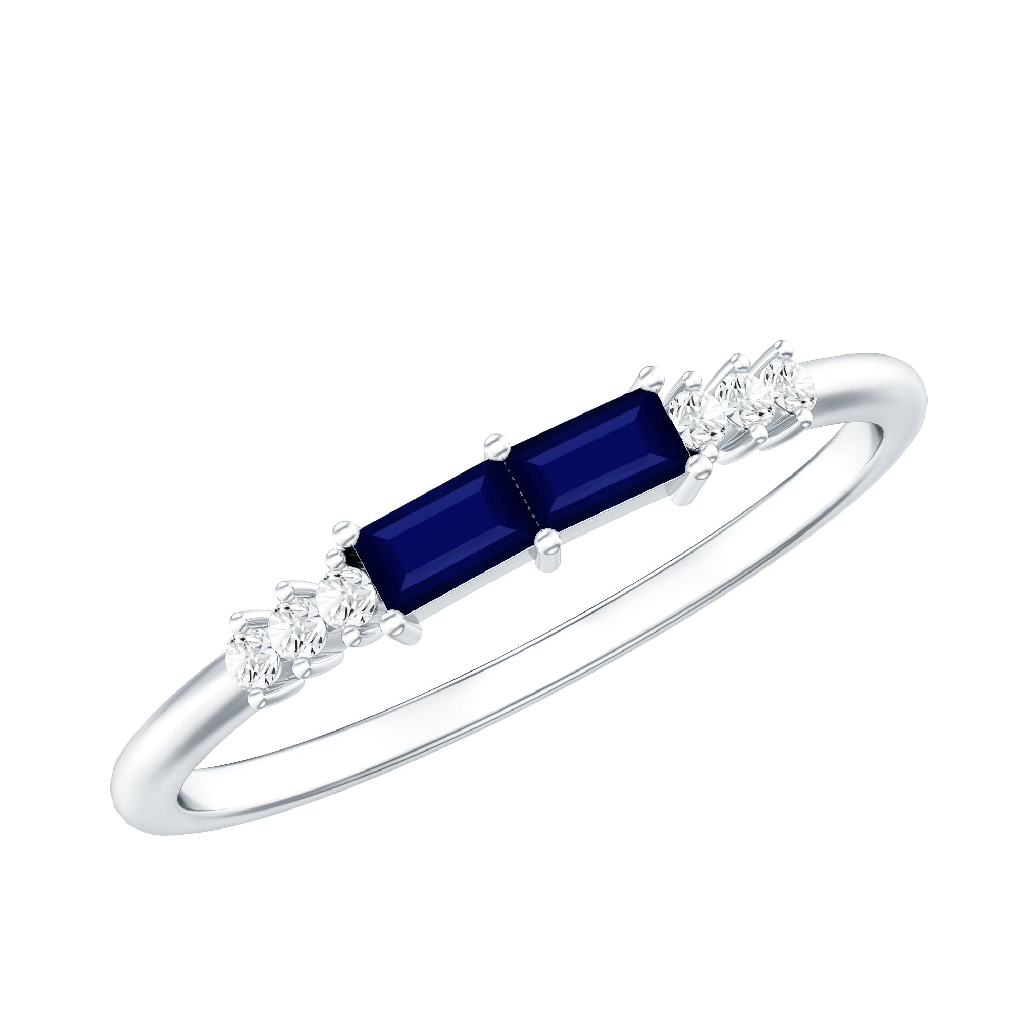 Natural Baguette Shape Blue Sapphire Promise Ring with Diamond