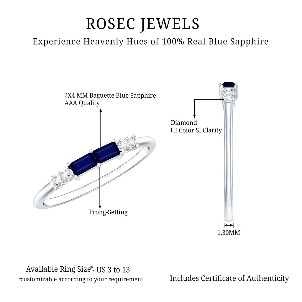 Natural Baguette Shape Blue Sapphire Promise Ring with Diamond