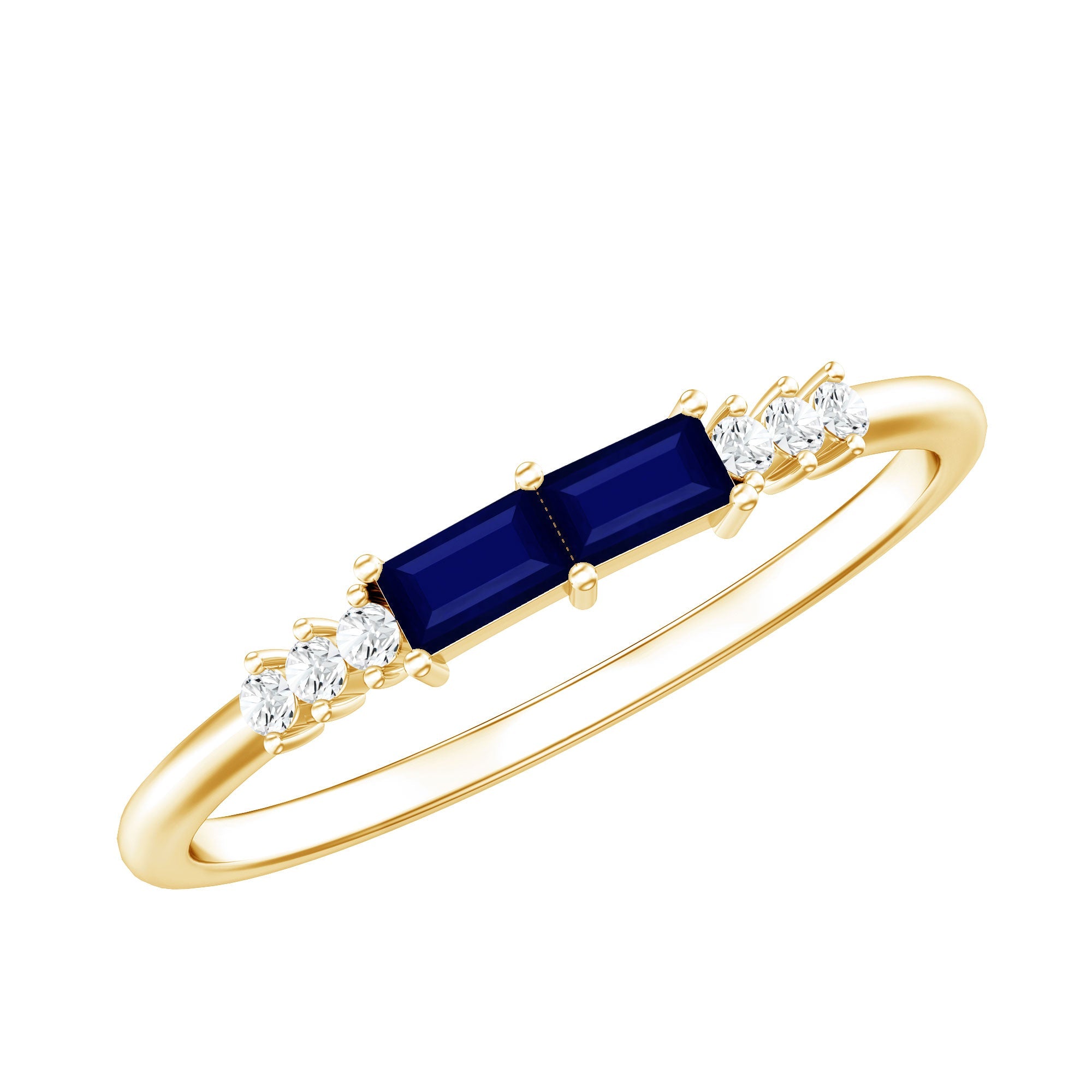 Natural Baguette Shape Blue Sapphire Promise Ring with Diamond