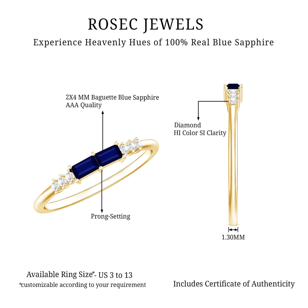 Natural Baguette Shape Blue Sapphire Promise Ring with Diamond