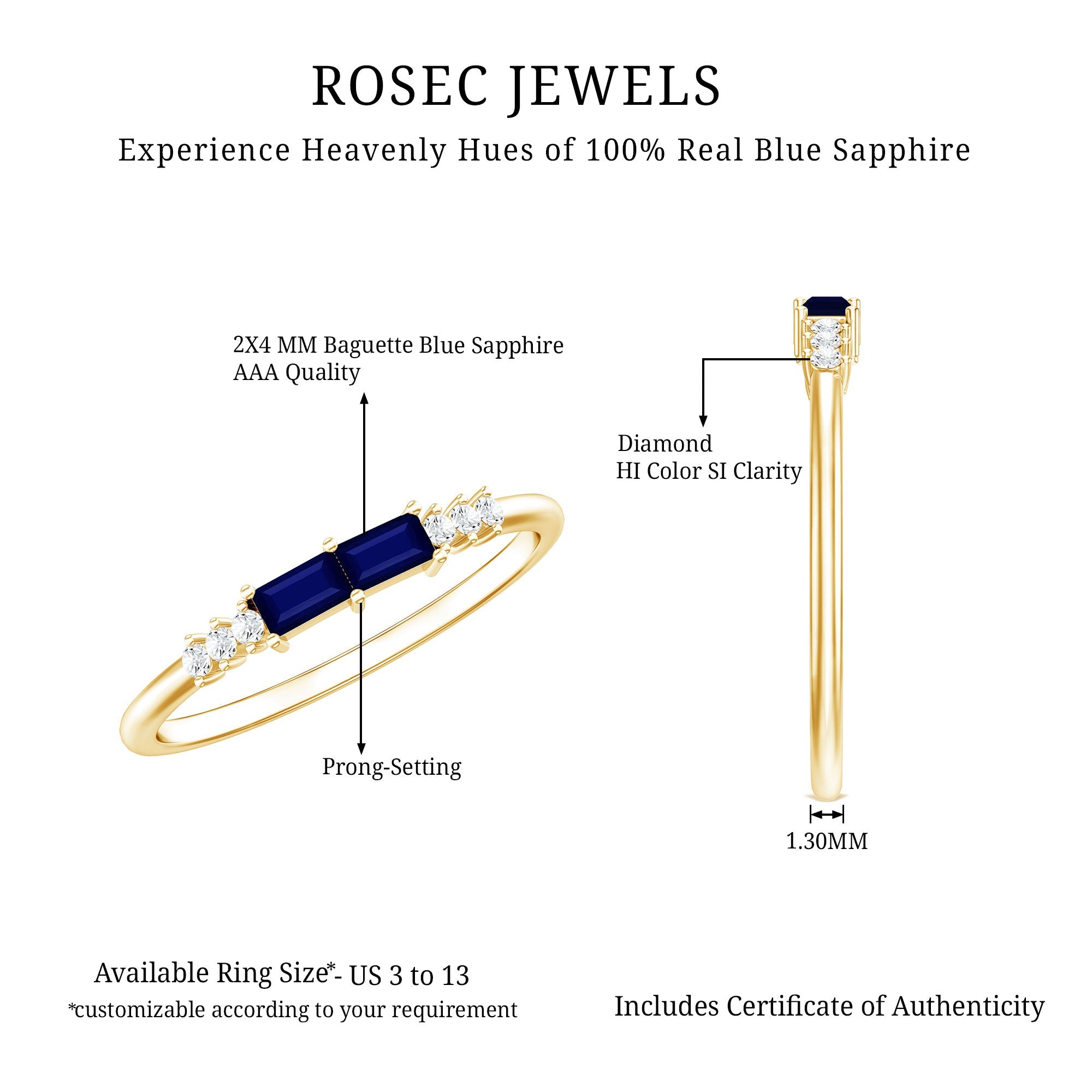 Natural Baguette Shape Blue Sapphire Promise Ring with Diamond