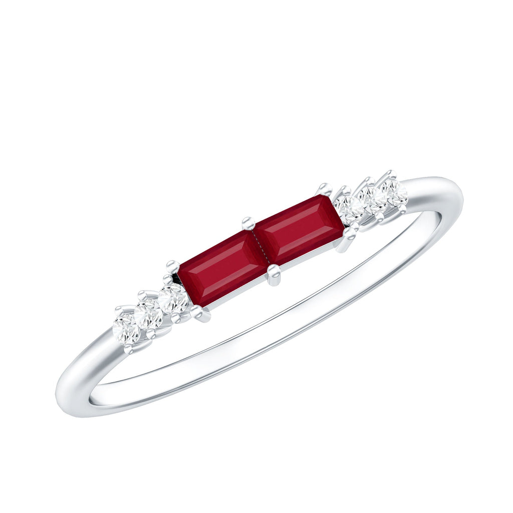 Natural Baguette Ruby 2 Stone Promise Ring with Diamond