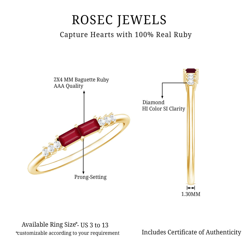 Natural Baguette Ruby 2 Stone Promise Ring with Diamond