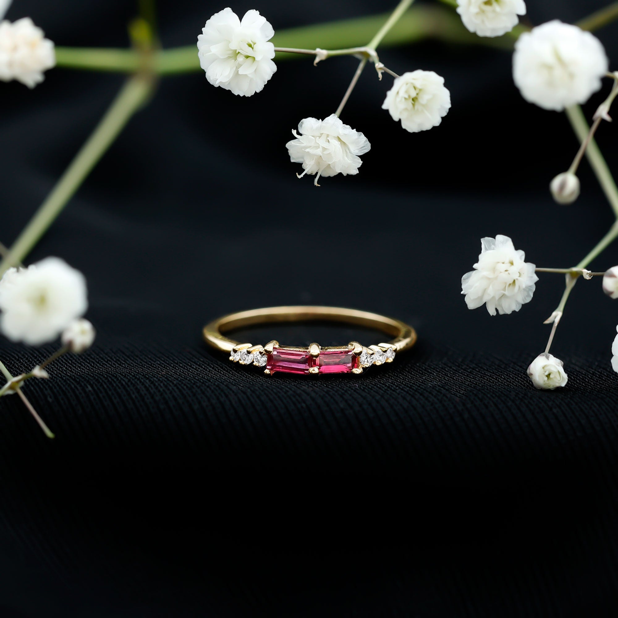 Natural Baguette Ruby 2 Stone Promise Ring with Diamond
