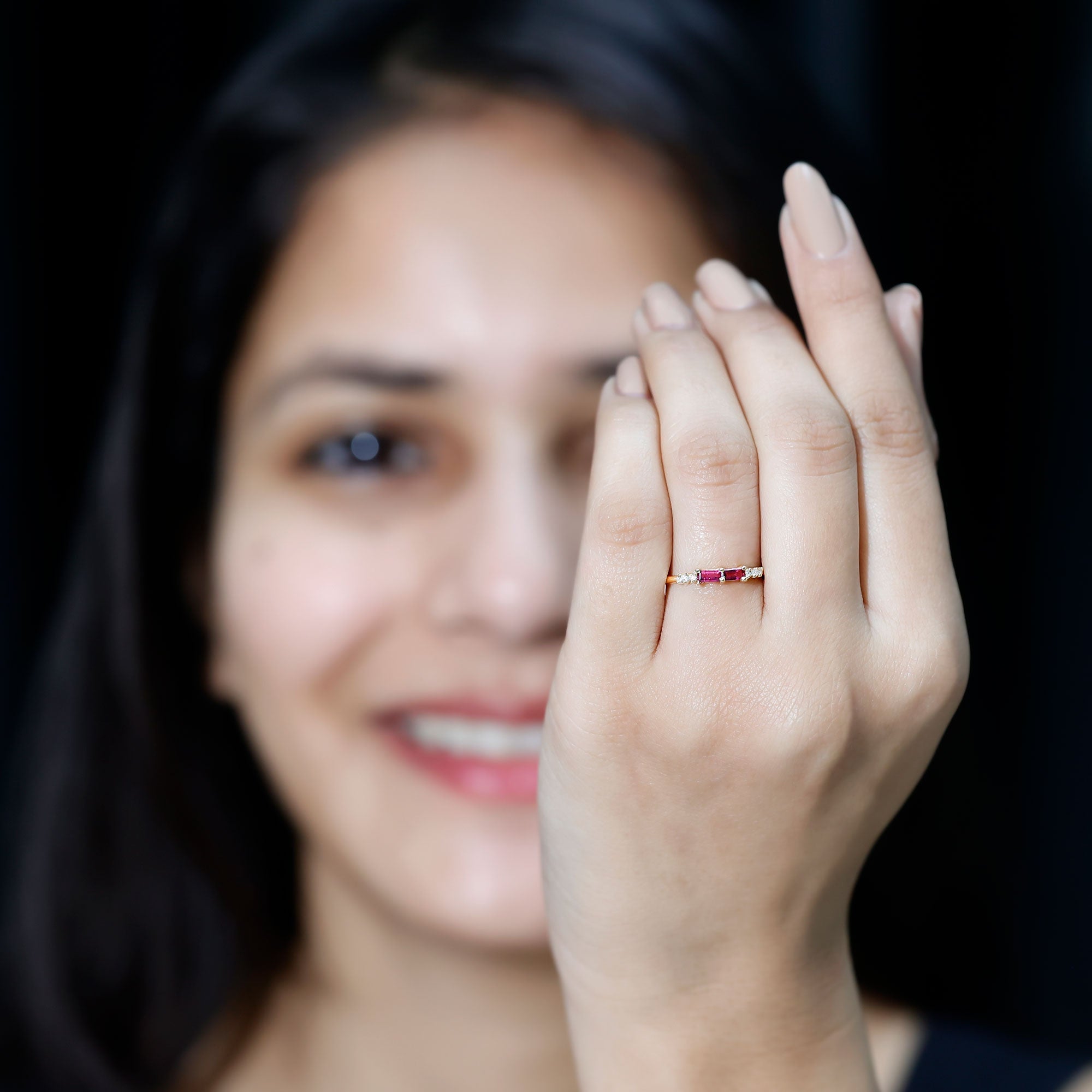 Natural Baguette Ruby 2 Stone Promise Ring with Diamond