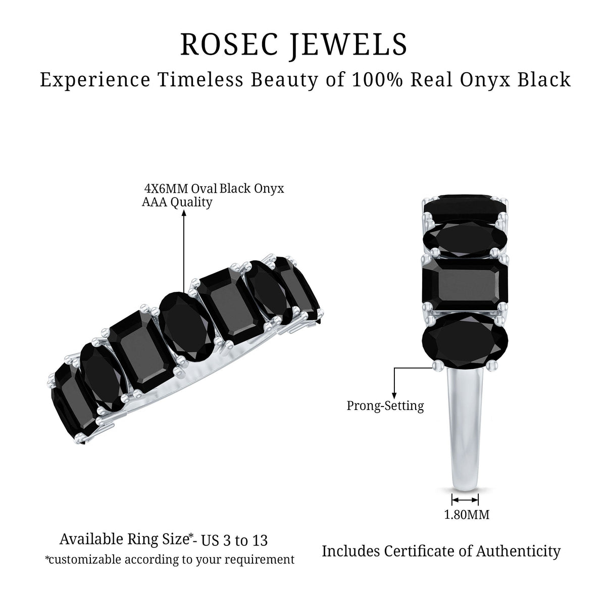 4.40 Carat Oval and Emerald Cut Black Onyx Half Eternity Wedding Band
