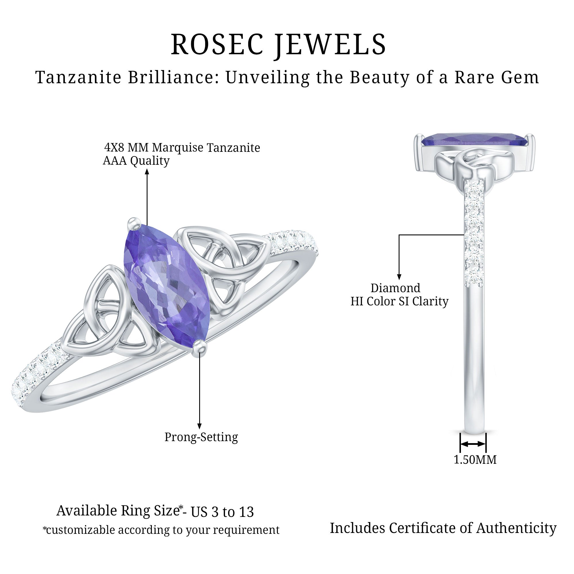 Real Marquise Tanzanite Diamond Engagement Ring with Celtic Knot