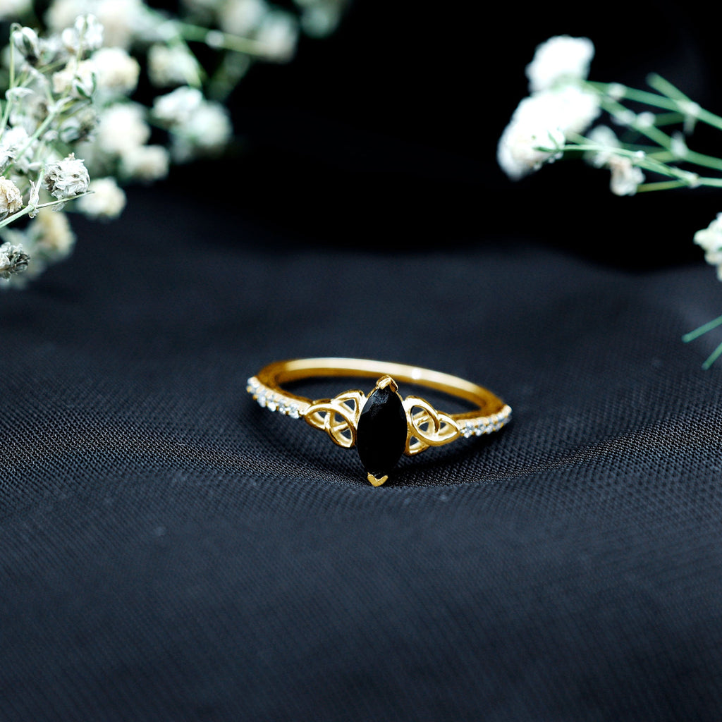 Genuine Black Onyx and Diamond Celtic Design Engagement Ring