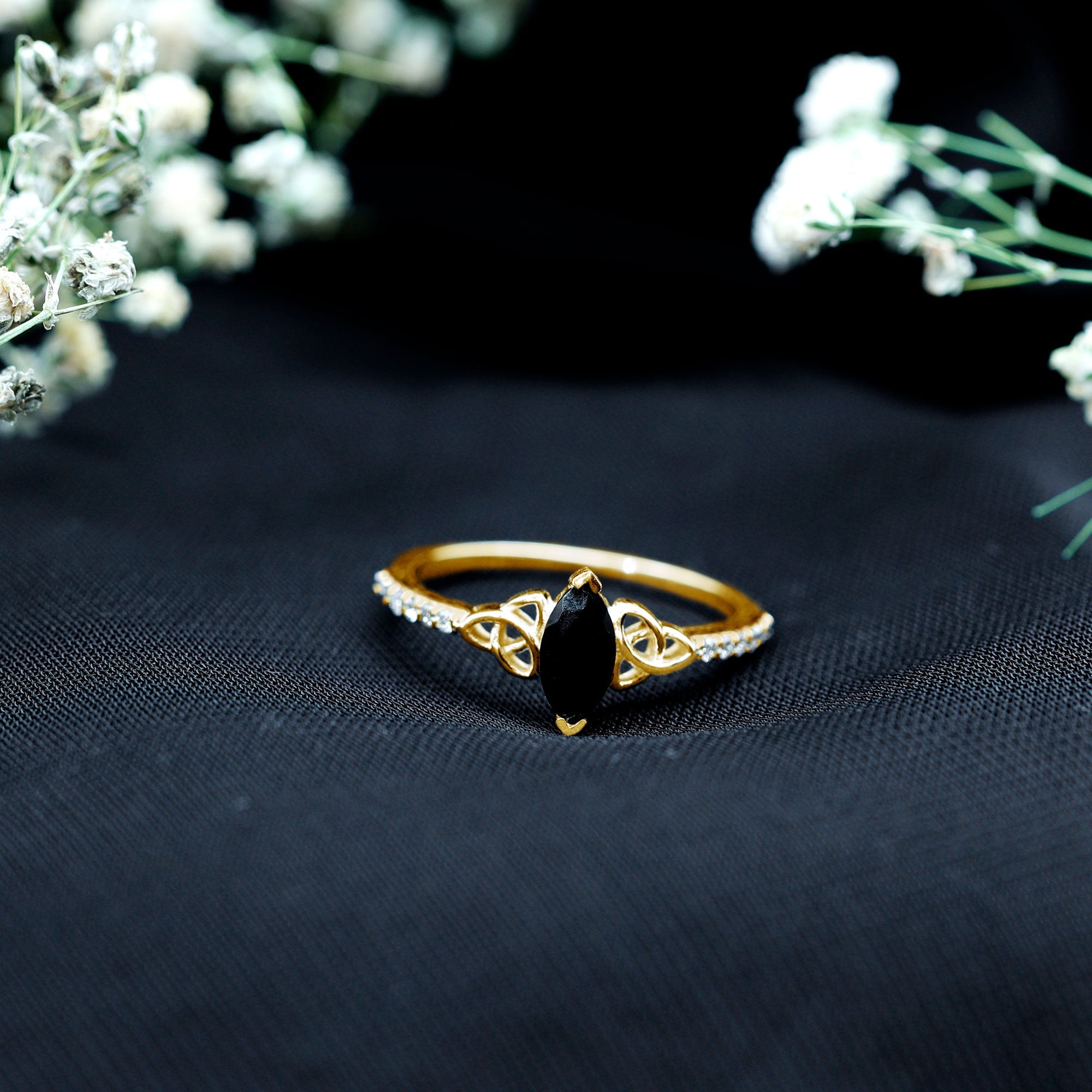 Genuine Black Onyx and Diamond Celtic Design Engagement Ring