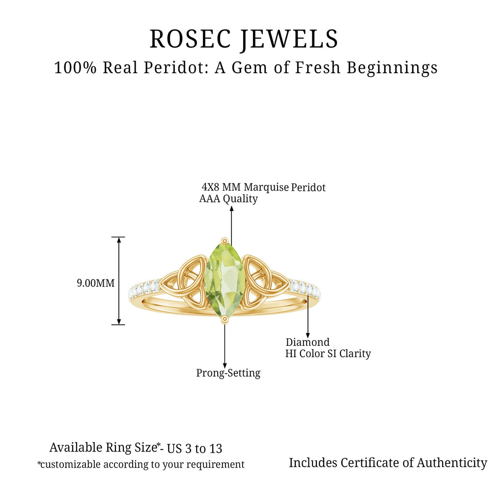 Natural 0.7 Carat Peridot Diamond Marquise Engagement Ring with Celtic Knot